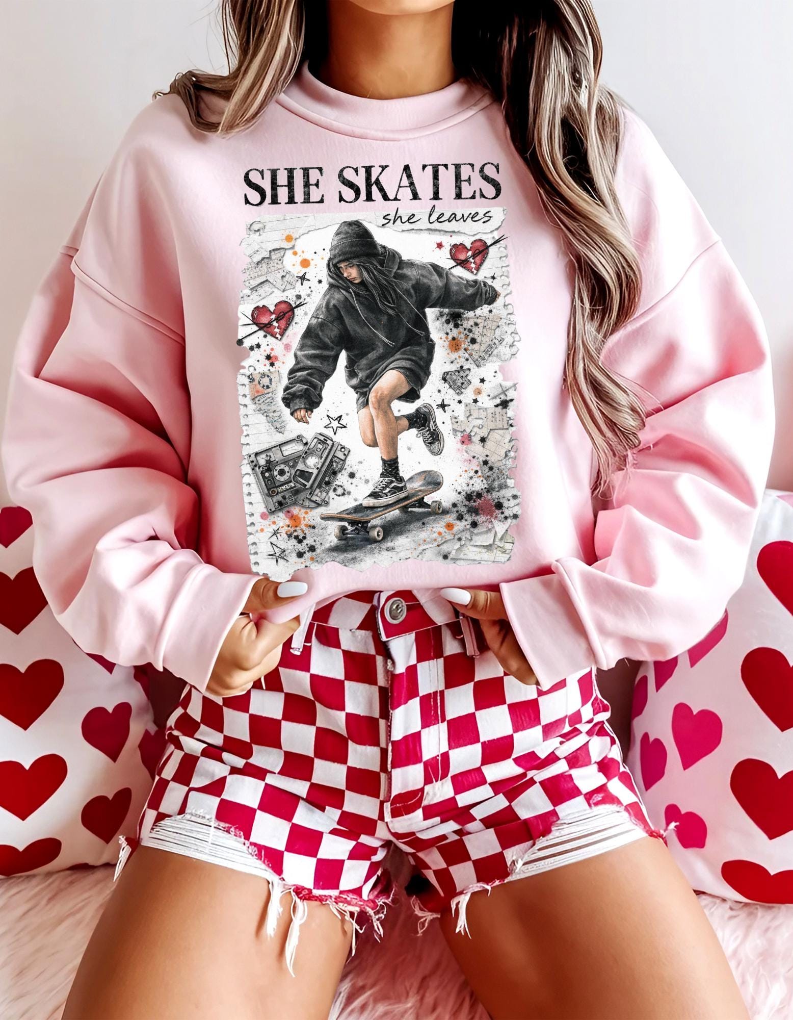 90s Grunge Skater Girl Crewneck Sweatshirt | Retro Skate Graphic