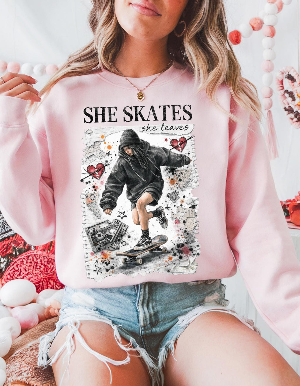 90s Grunge Skater Girl Crewneck Sweatshirt | Retro Skate Graphic