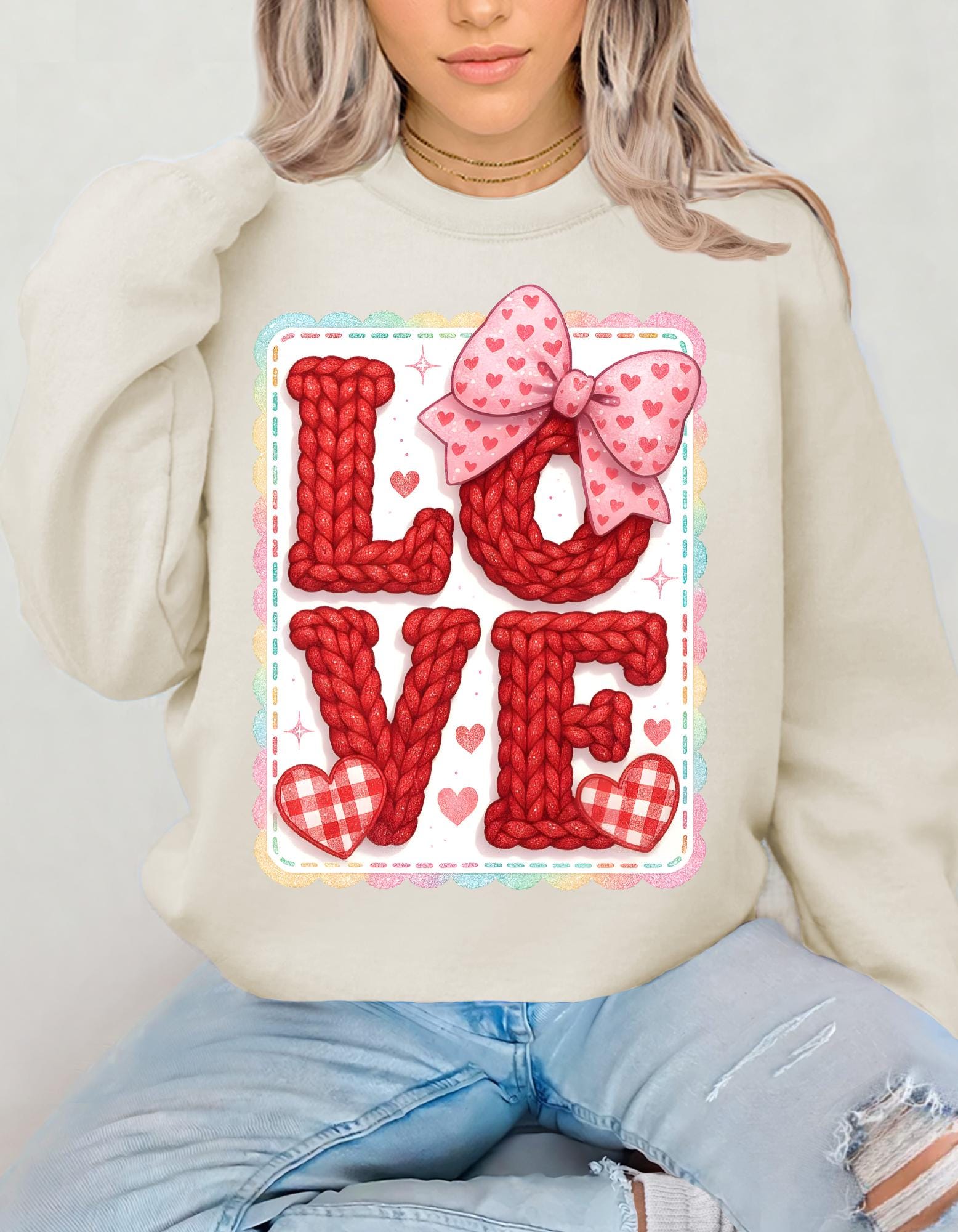 Love Patchwork Valentine's Day Faux Embroidery Sweatshirt - Romantic Cozy Gift for Her