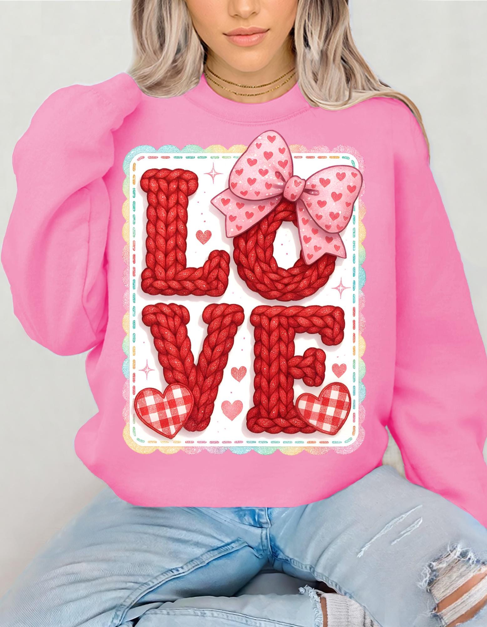 Love Patchwork Valentine's Day Faux Embroidery Sweatshirt - Romantic Cozy Gift for Her
