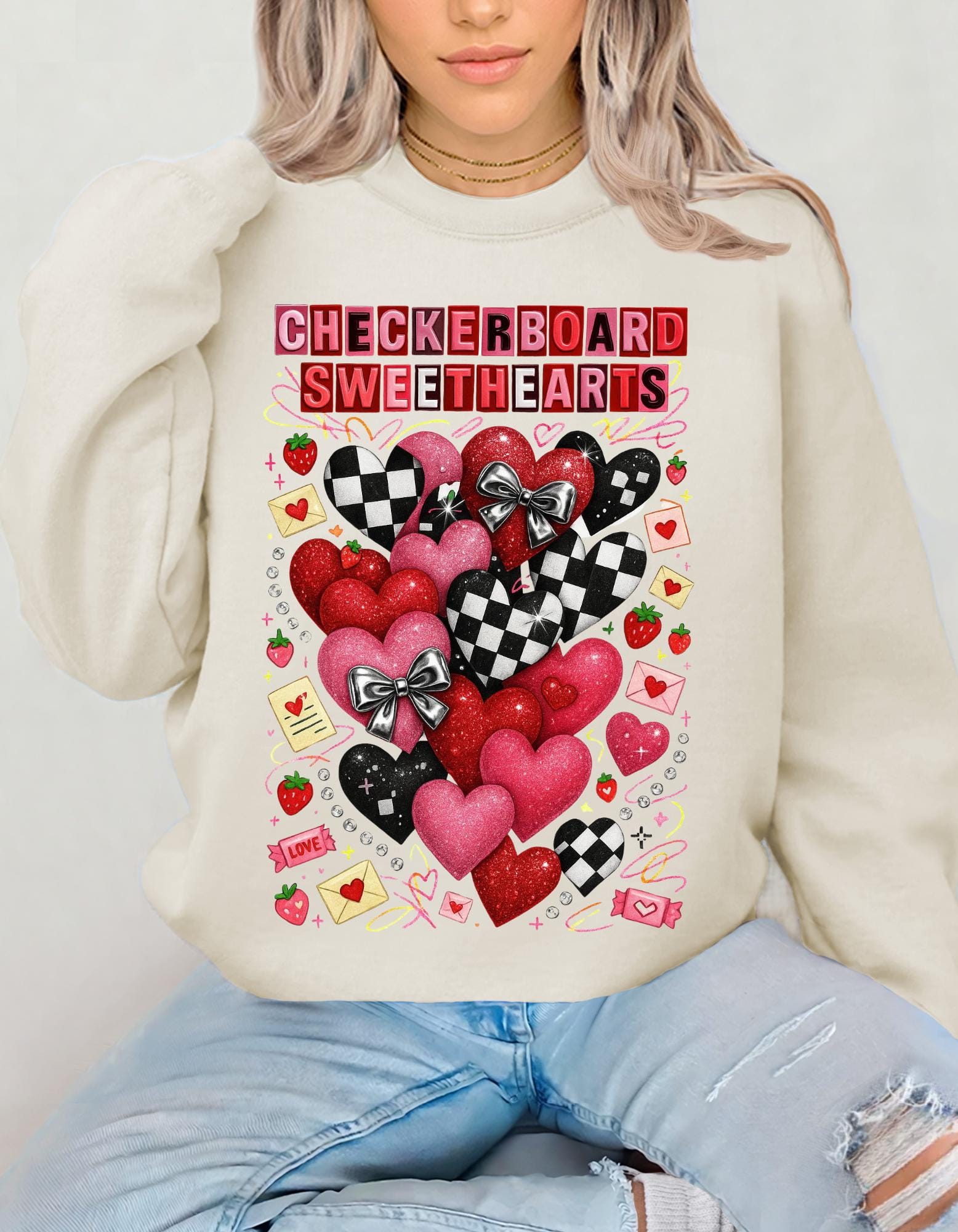 Checkerboard Sweethearts Ransom Letter Sweatshirt Valentine Grunge Crewneck Hearts Couples Matching Edgy Streetwear Gift