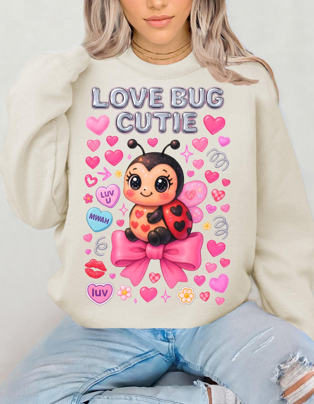 Love Bug Cutie Ladybug Valentine Hearts Bow Sweatshirt - Cozy Crewneck Sweater Kids Unisex Gift