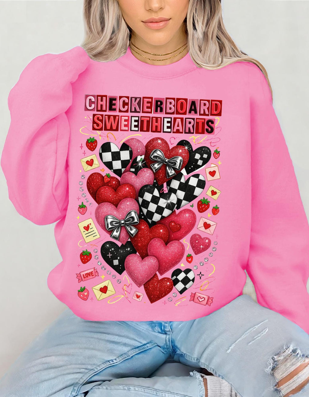 Checkerboard Sweethearts Ransom Letter Sweatshirt Valentine Grunge Crewneck Hearts Couples Matching Edgy Streetwear Gift