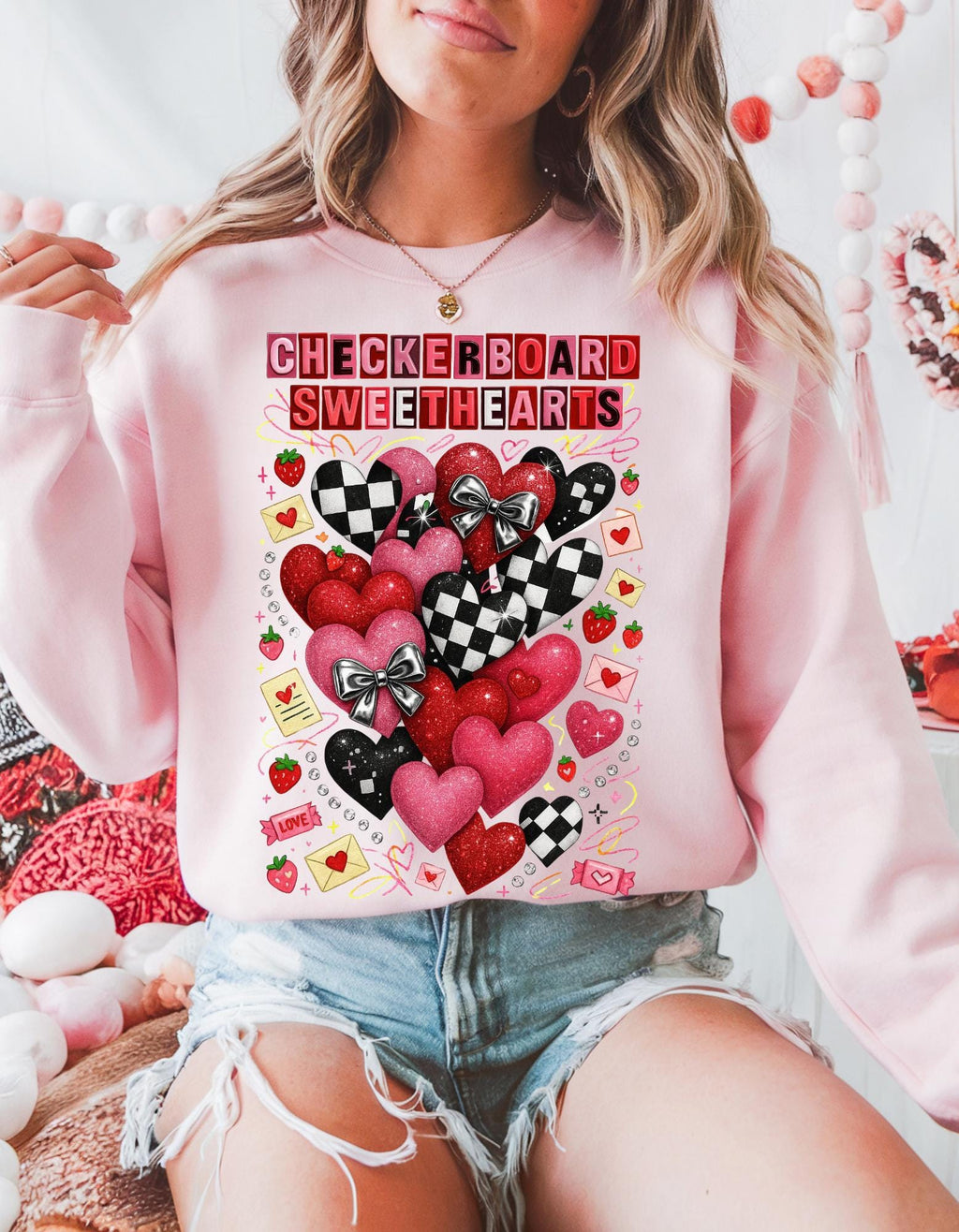 Checkerboard Sweethearts Ransom Letter Sweatshirt Valentine Grunge Crewneck Hearts Couples Matching Edgy Streetwear Gift