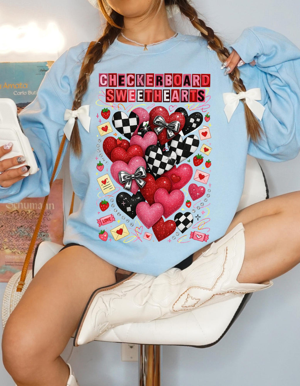 Checkerboard Sweethearts Ransom Letter Sweatshirt Valentine Grunge Crewneck Hearts Couples Matching Edgy Streetwear Gift