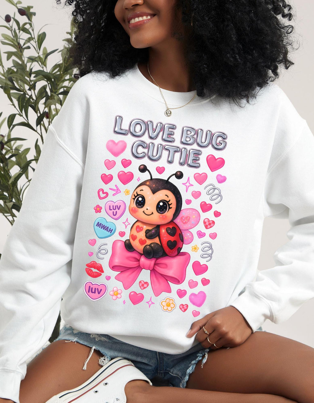 Love Bug Cutie Ladybug Valentine Hearts Bow Sweatshirt - Cozy Crewneck Sweater Kids Unisex Gift