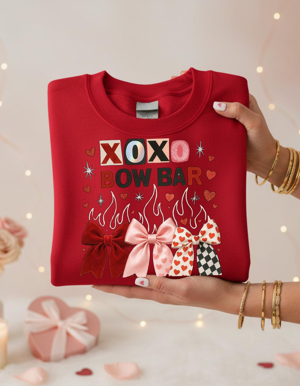 XOXO Bow Bar Valentine Hearts Sweatshirt | Pink Red Ribbon Design Crewneck Pullover Gift