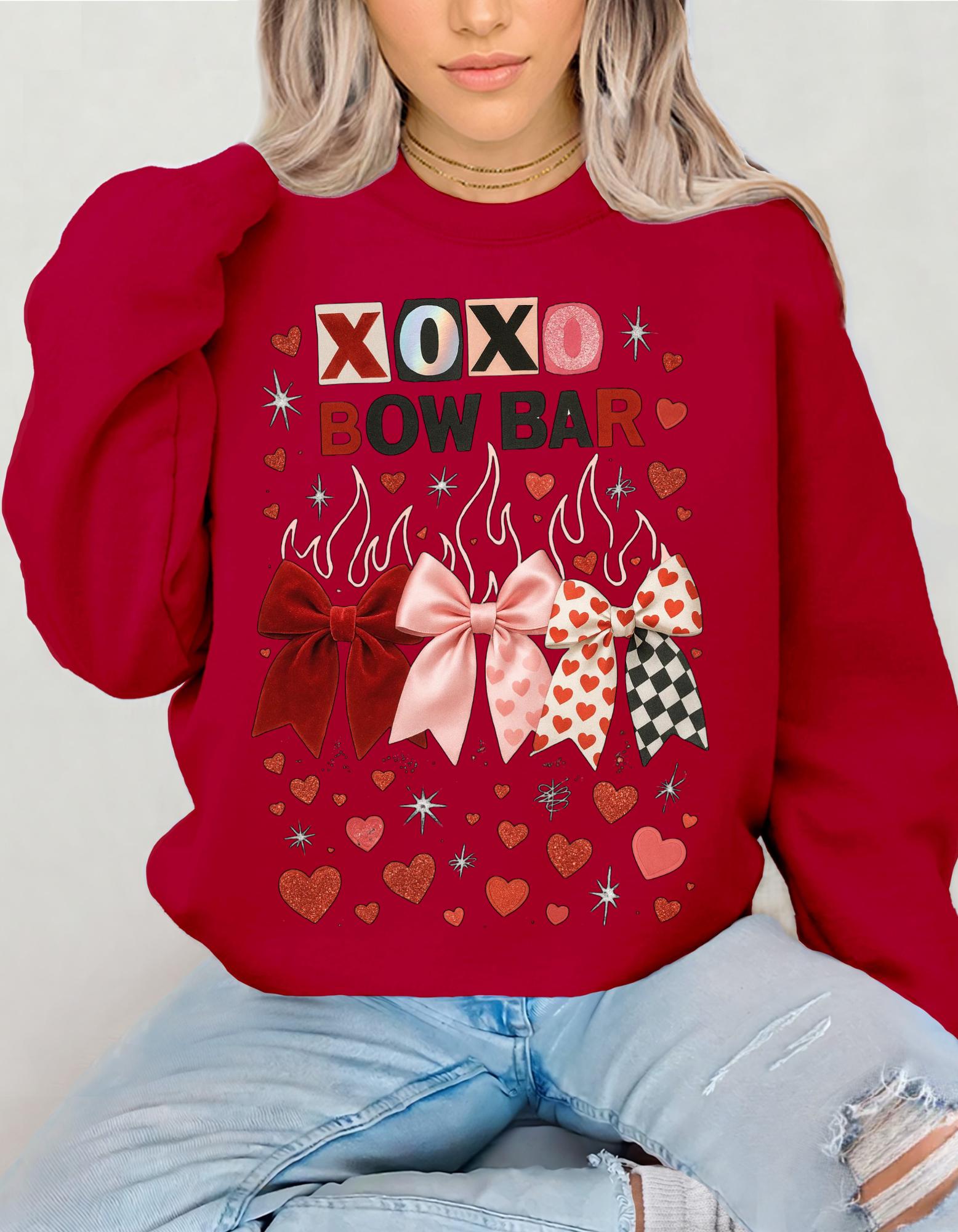 XOXO Bow Bar Valentine Hearts Sweatshirt | Pink Red Ribbon Design Crewneck Pullover Gift