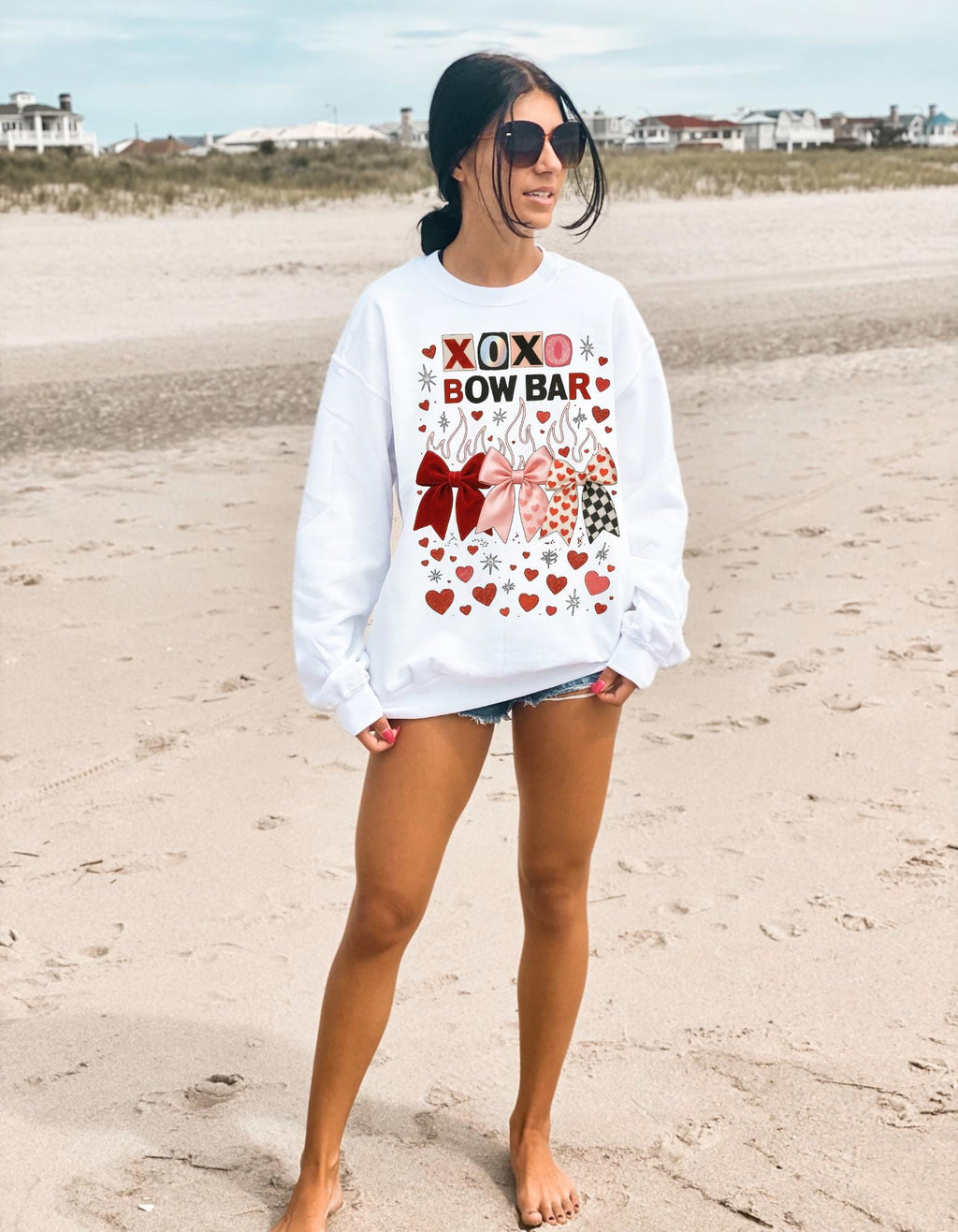 XOXO Bow Bar Valentine Hearts Sweatshirt | Pink Red Ribbon Design Crewneck Pullover Gift