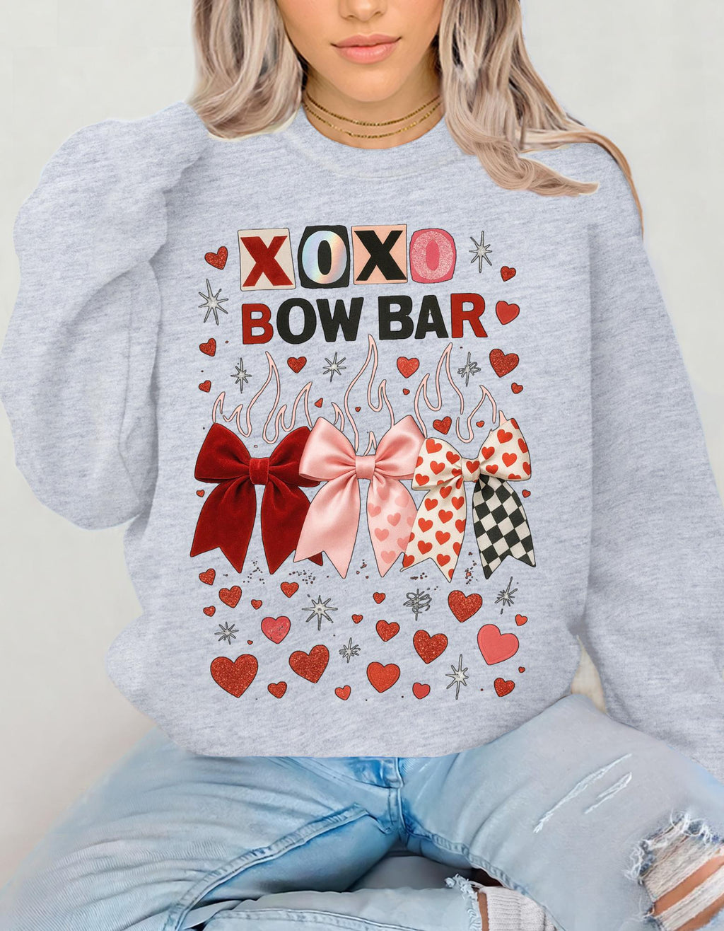 XOXO Bow Bar Valentine Hearts Sweatshirt | Pink Red Ribbon Design Crewneck Pullover Gift