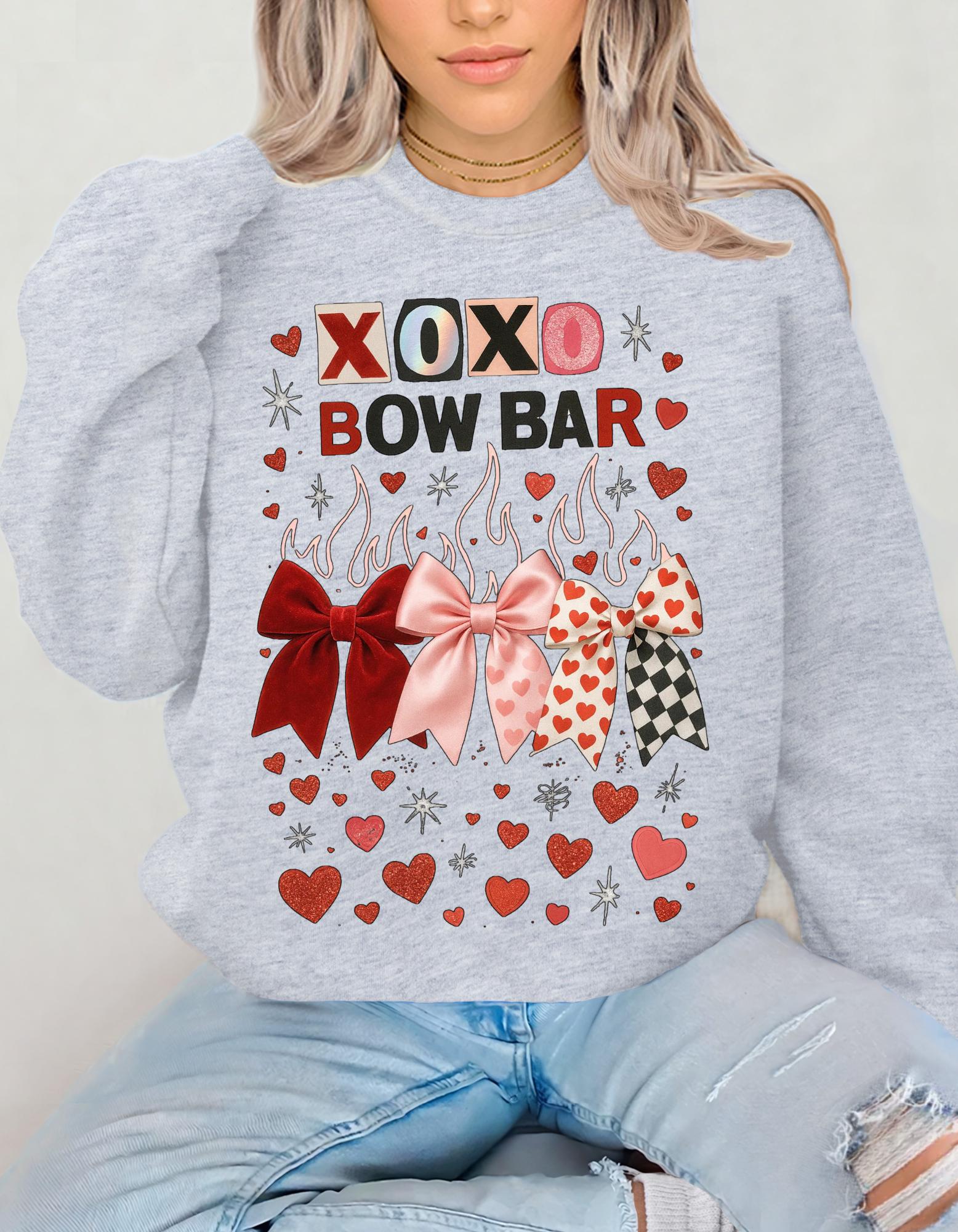 XOXO Bow Bar Valentine Hearts Sweatshirt | Pink Red Ribbon Design Crewneck Pullover Gift