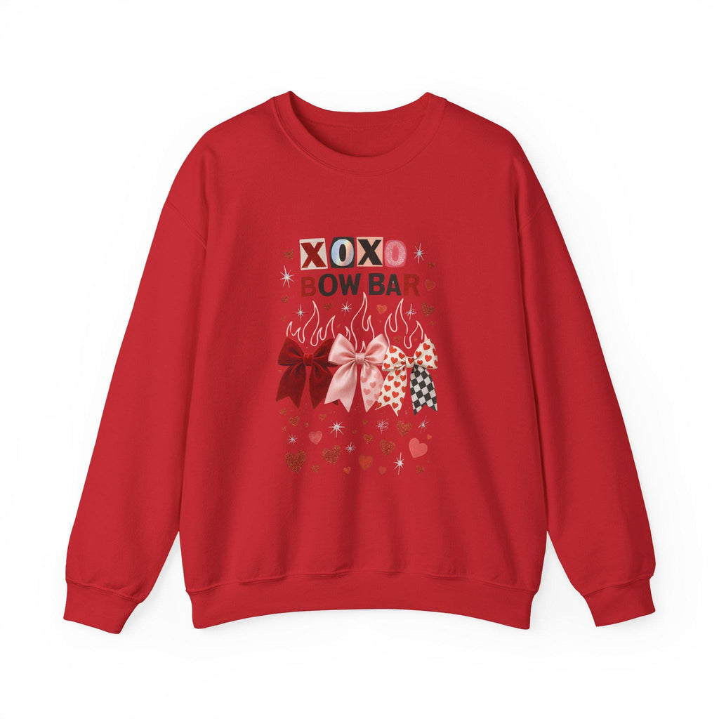XOXO Bow Bar Valentine Hearts Sweatshirt | Pink Red Ribbon Design Crewneck Pullover Gift