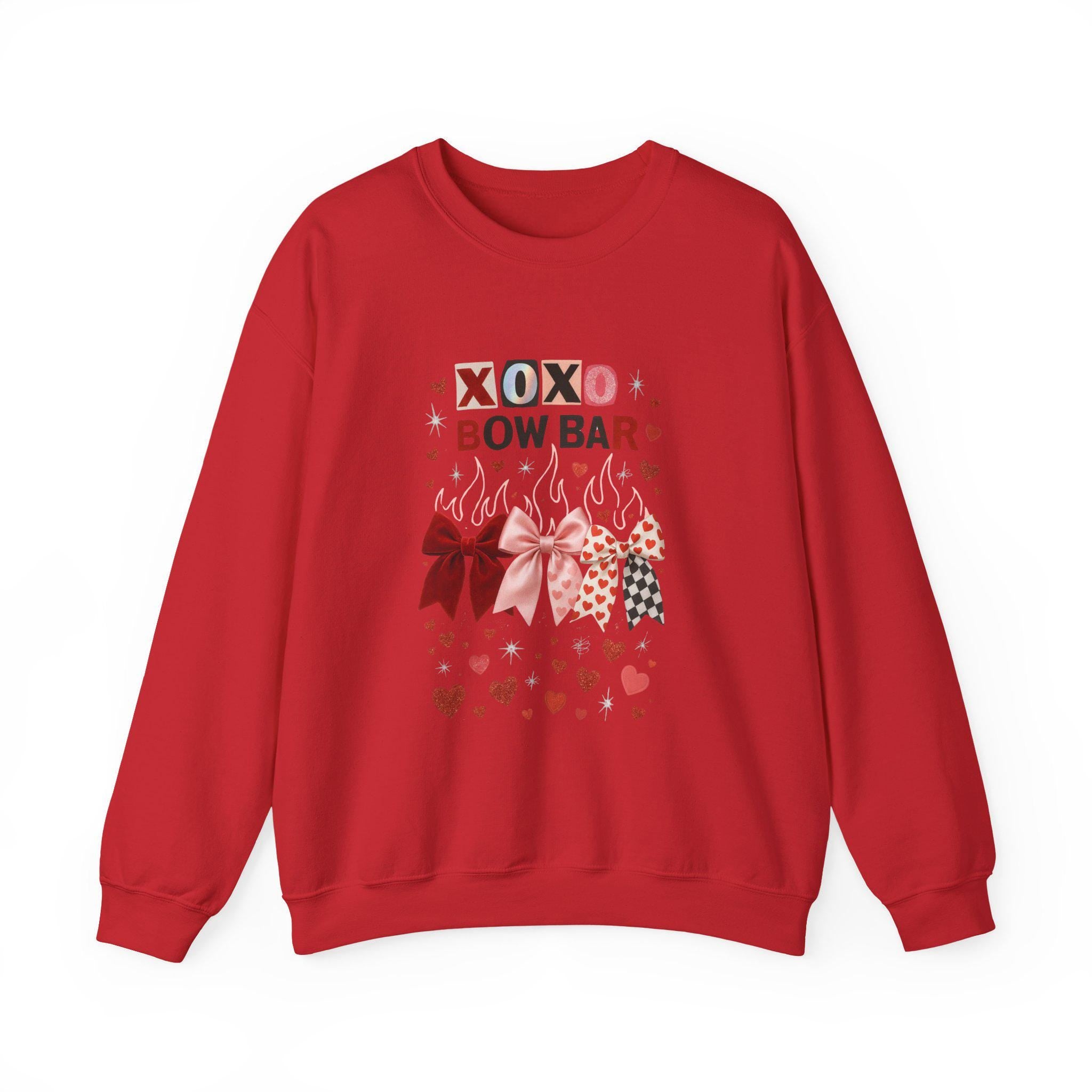 XOXO Bow Bar Valentine Hearts Sweatshirt | Pink Red Ribbon Design Crewneck Pullover Gift