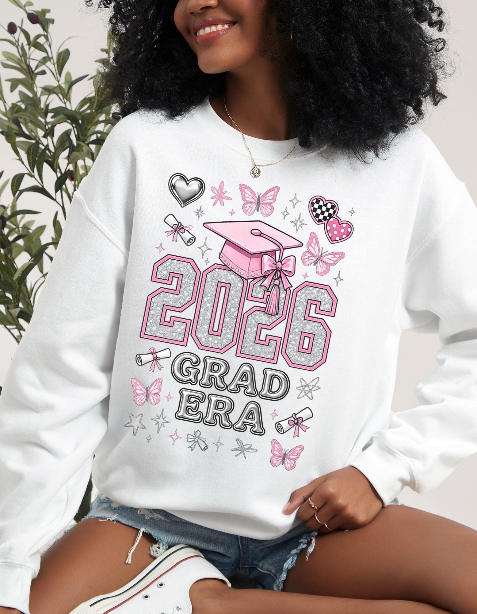 2026 Grad Era Sweatshirt Pink Graduation Cap Butterflies Senior Gift Class Celebration Trendy