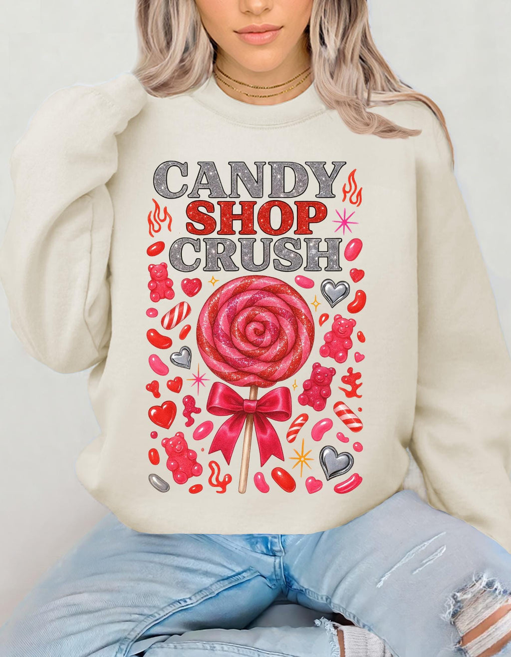 Candy Shop Crush Sweatshirt Lollipop Heart Design Valentine Sweet Graphic Cozy Pink Unisex Gift