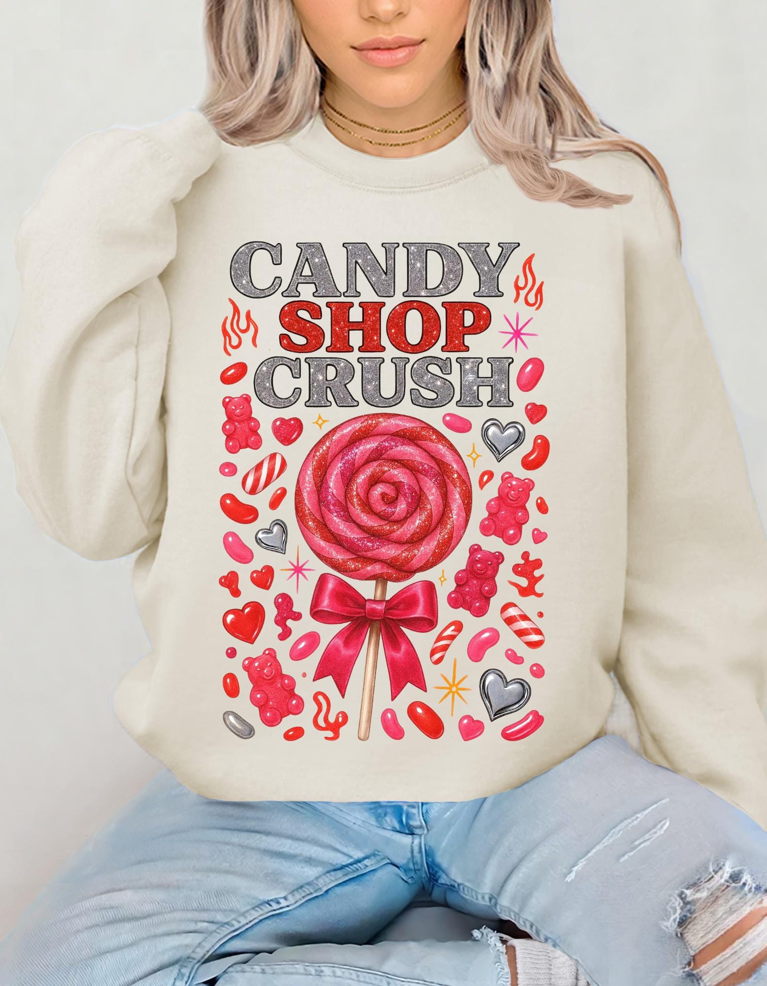 Candy Shop Crush Sweatshirt Lollipop Heart Design Valentine Sweet Graphic Cozy Pink Unisex Gift