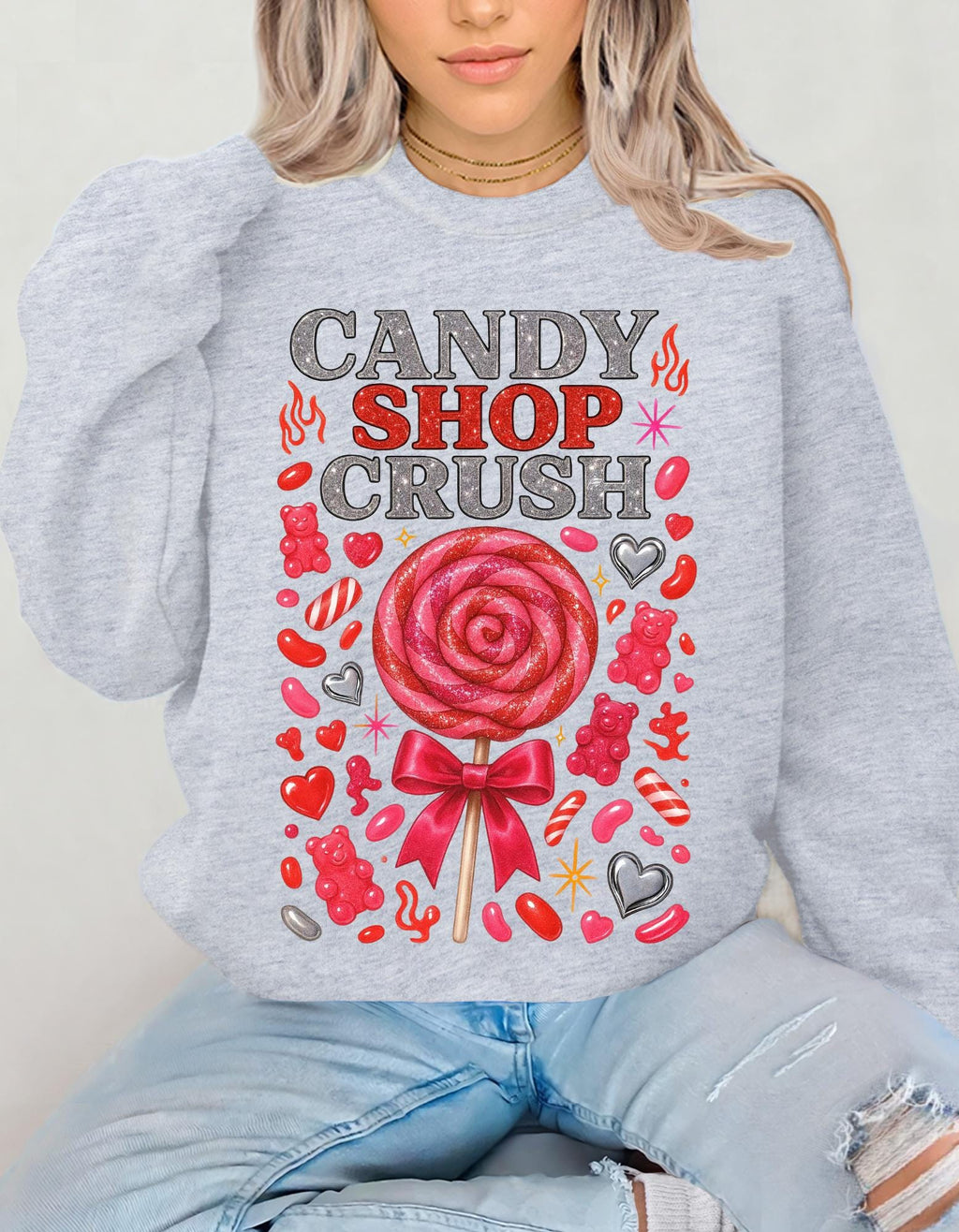 Candy Shop Crush Sweatshirt Lollipop Heart Design Valentine Sweet Graphic Cozy Pink Unisex Gift