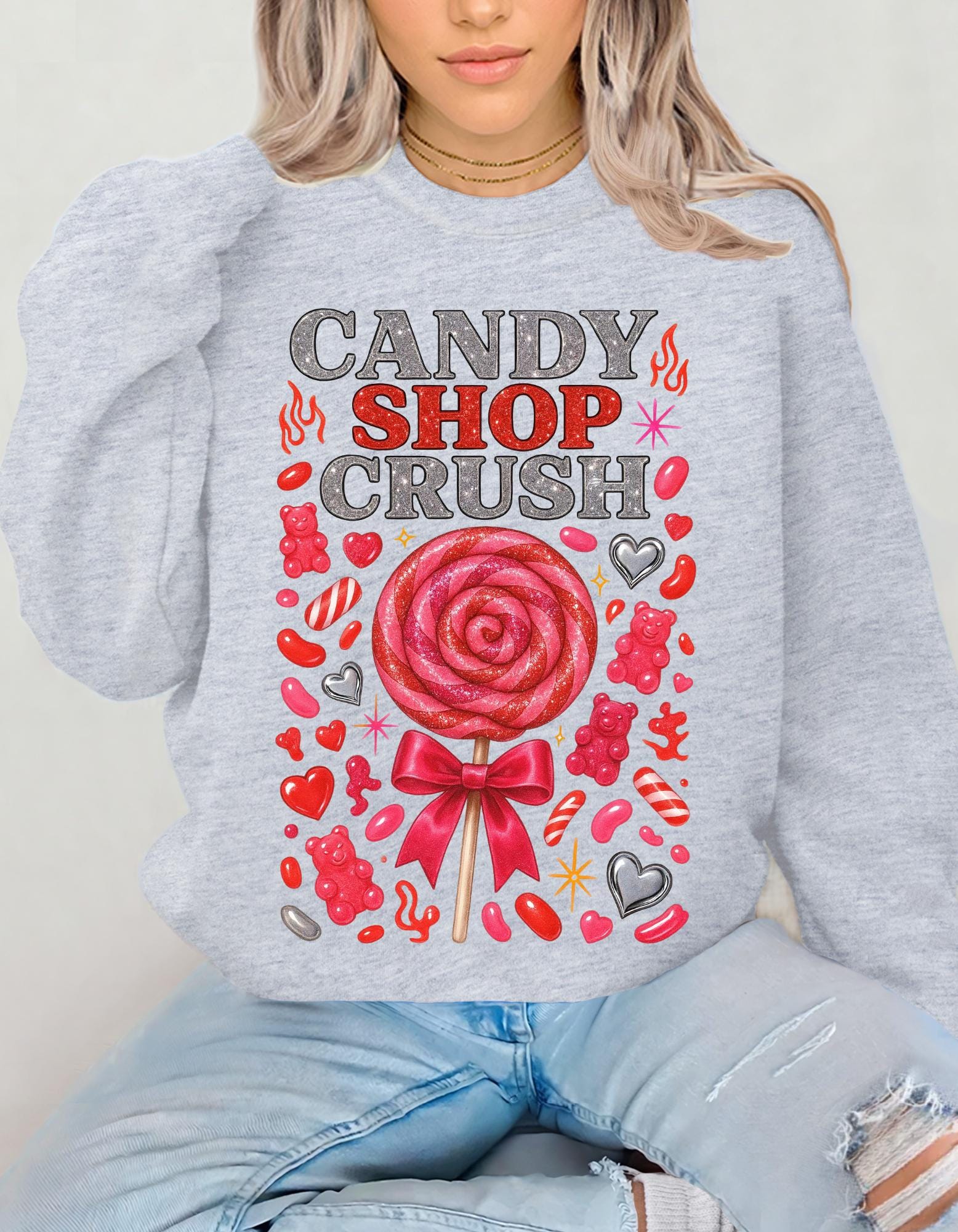 Candy Shop Crush Sweatshirt Lollipop Heart Design Valentine Sweet Graphic Cozy Pink Unisex Gift