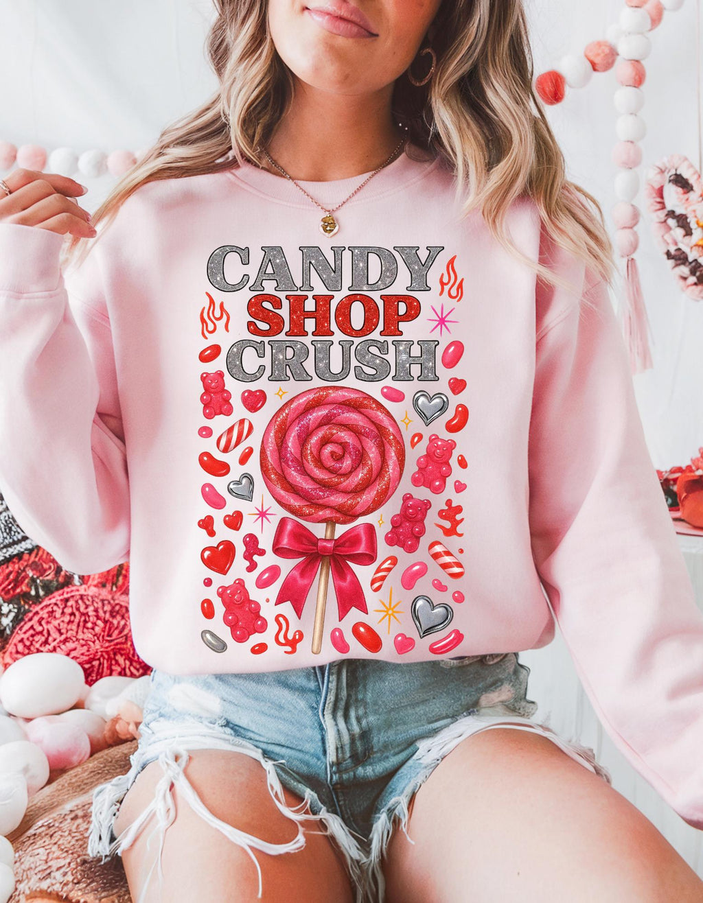 Candy Shop Crush Sweatshirt Lollipop Heart Design Valentine Sweet Graphic Cozy Pink Unisex Gift