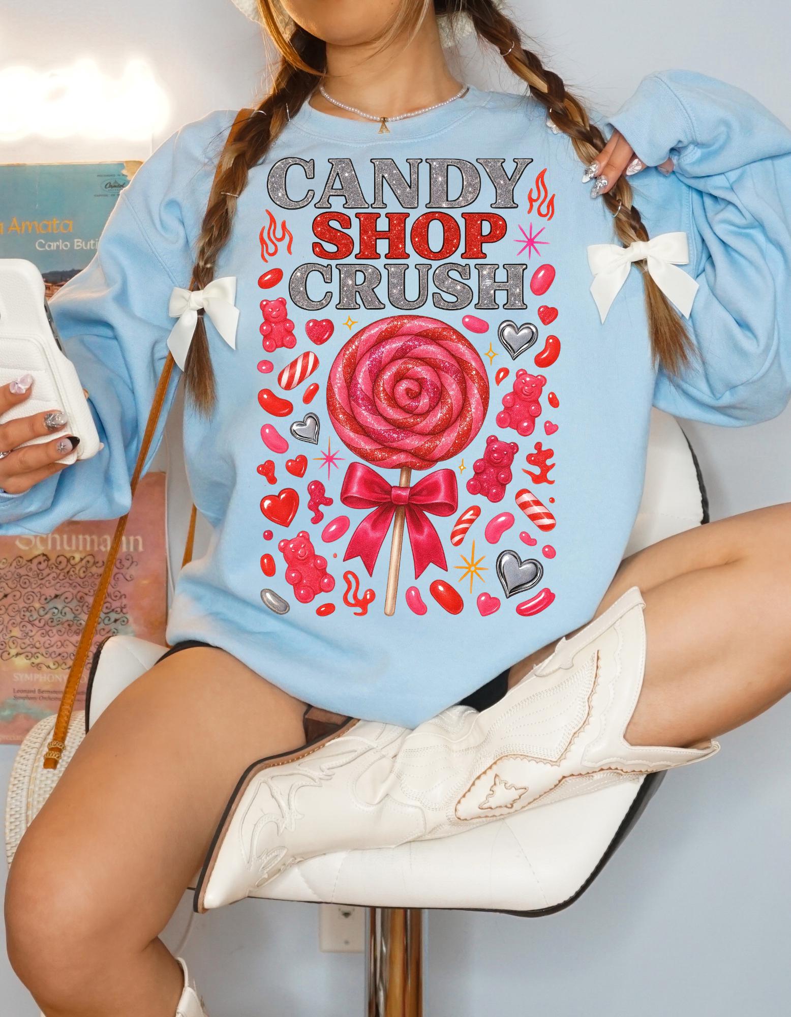 Candy Shop Crush Sweatshirt Lollipop Heart Design Valentine Sweet Graphic Cozy Pink Unisex Gift