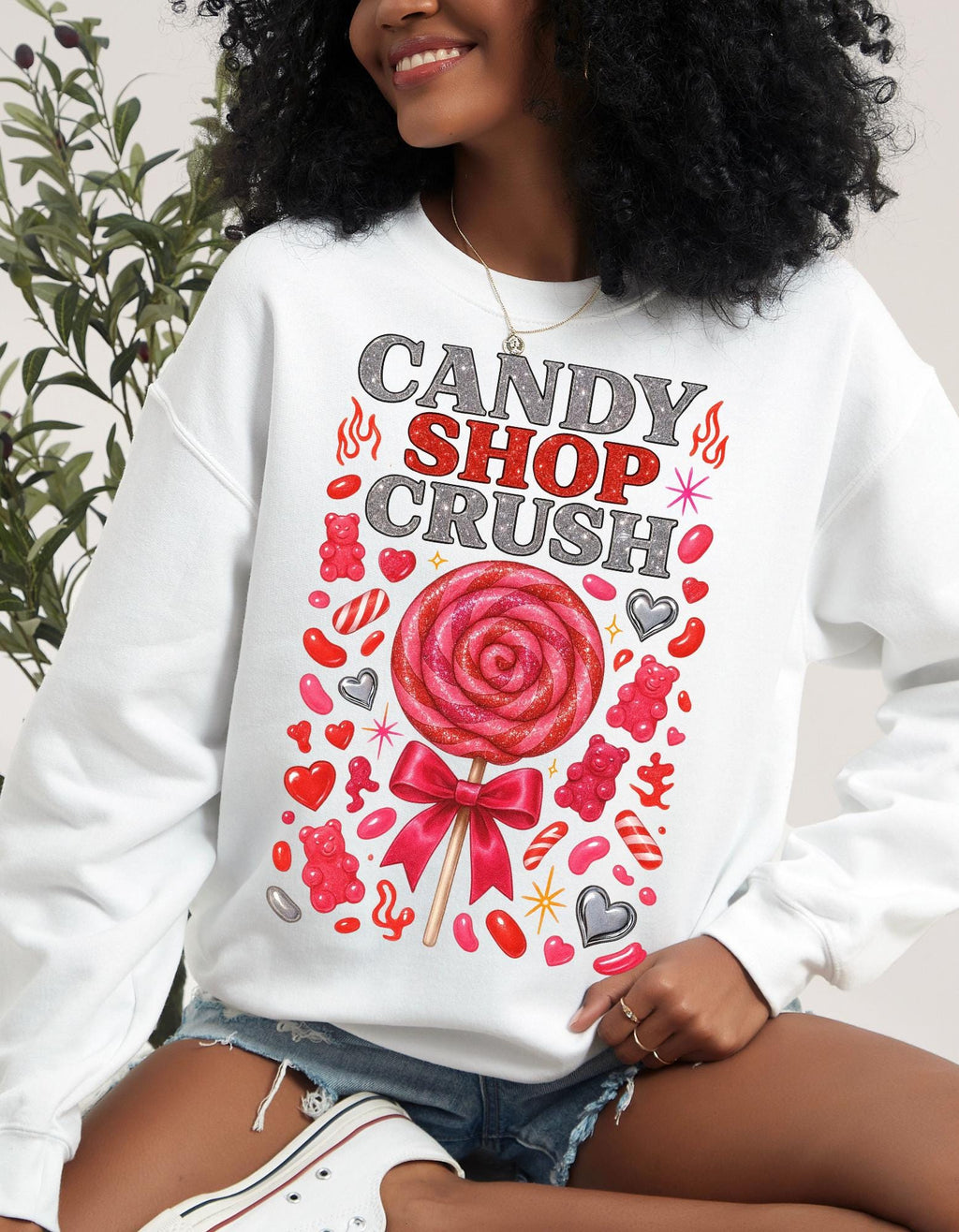 Candy Shop Crush Sweatshirt Lollipop Heart Design Valentine Sweet Graphic Cozy Pink Unisex Gift