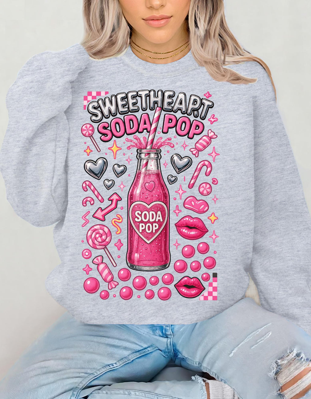 Sweetheart Soda Pop Sweatshirt | Retro Pink Bubbles Crewneck | Kawaii Valentine Gift