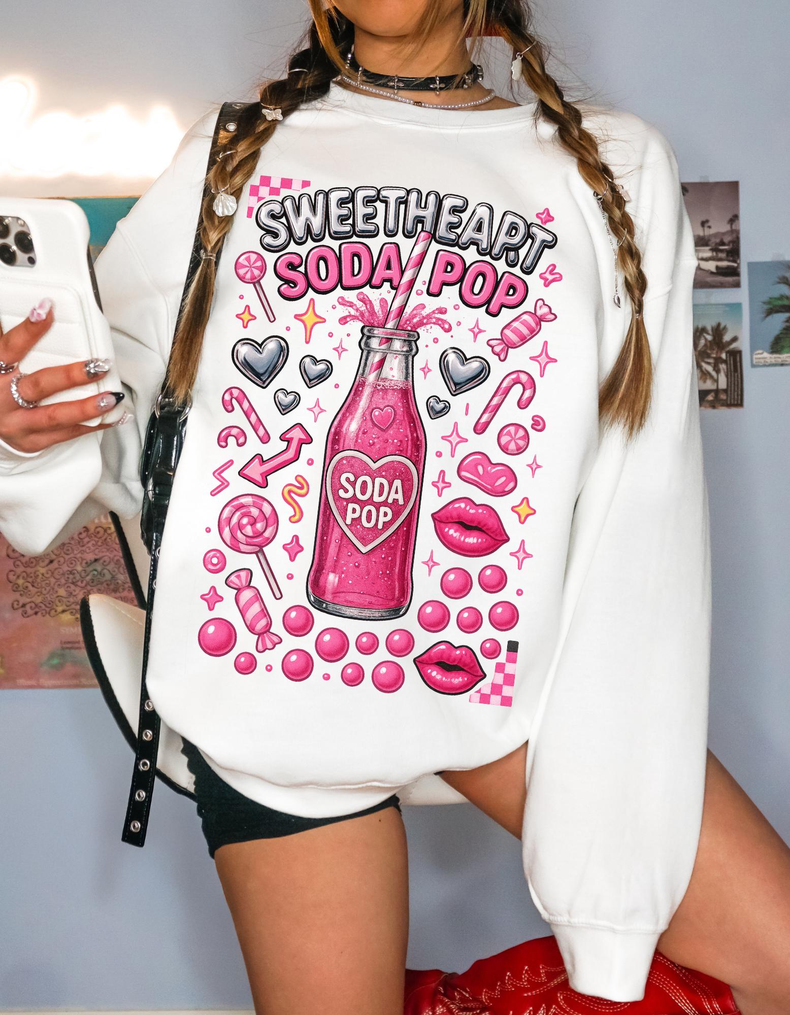 Sweetheart Soda Pop Sweatshirt | Retro Pink Bubbles Crewneck | Kawaii Valentine Gift