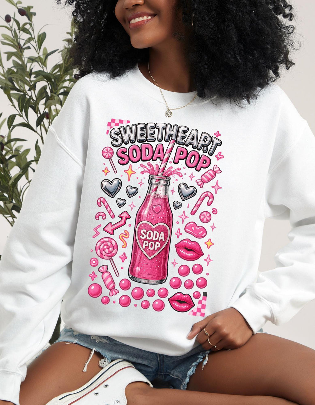 Sweetheart Soda Pop Sweatshirt | Retro Pink Bubbles Crewneck | Kawaii Valentine Gift