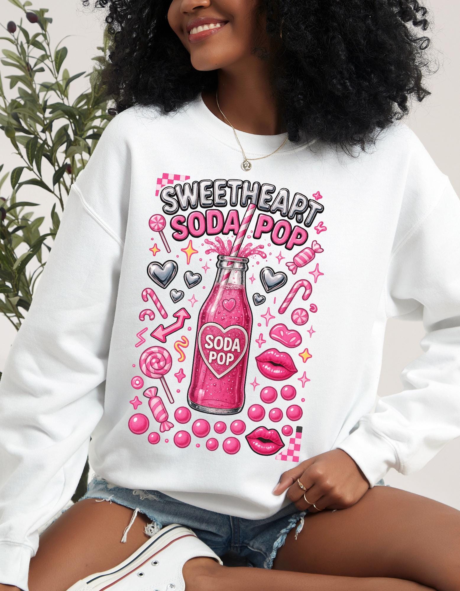 Sweetheart Soda Pop Sweatshirt | Retro Pink Bubbles Crewneck | Kawaii Valentine Gift