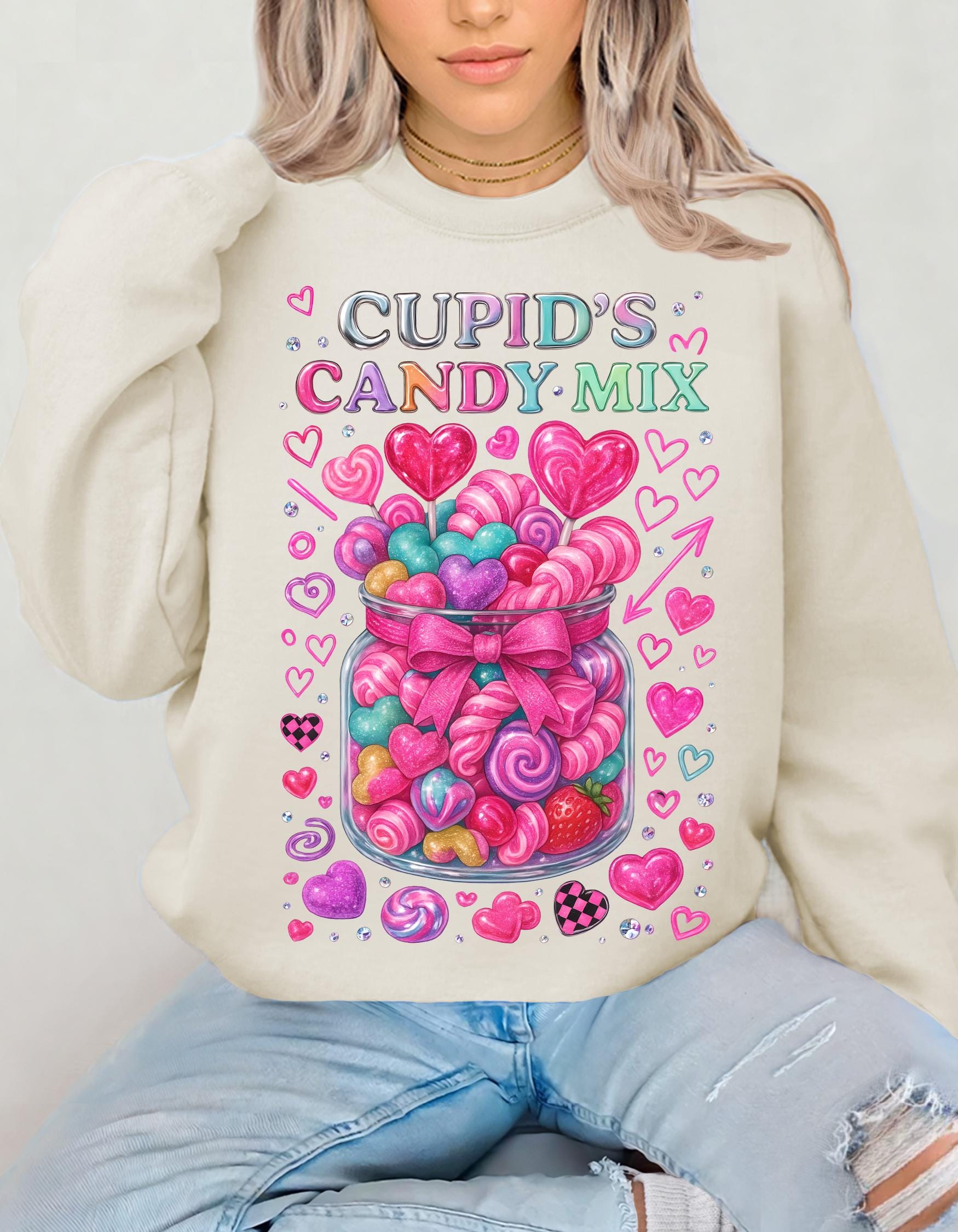 Cupid's Candy Mix Sweatshirt | Valentine's Heart Candy Jar Design
