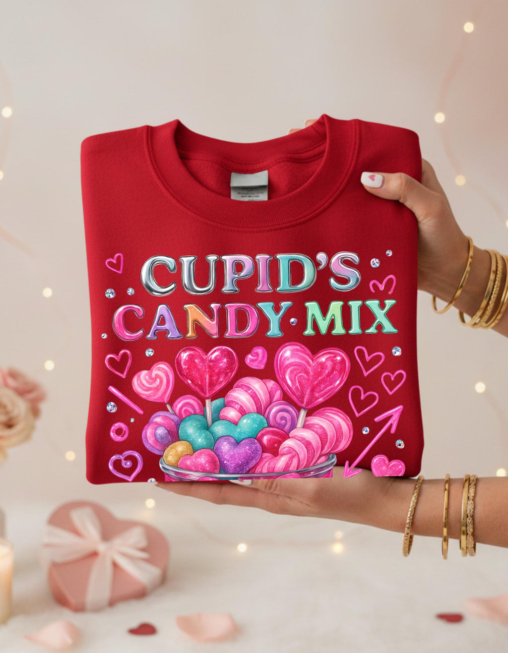 Cupid's Candy Mix Sweatshirt | Valentine's Heart Candy Jar Design