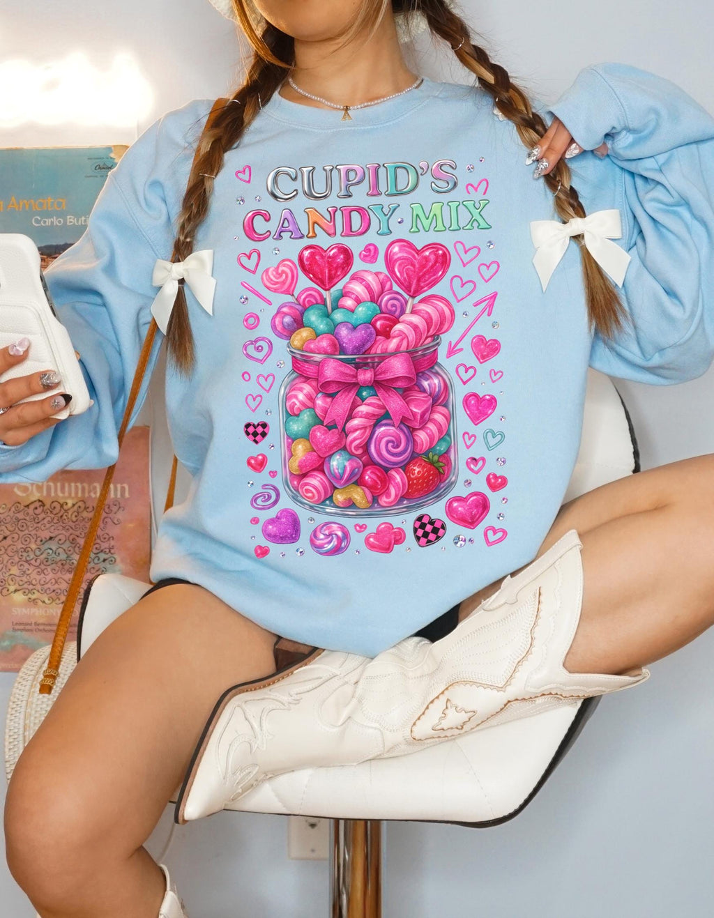 Cupid's Candy Mix Sweatshirt | Valentine's Heart Candy Jar Design