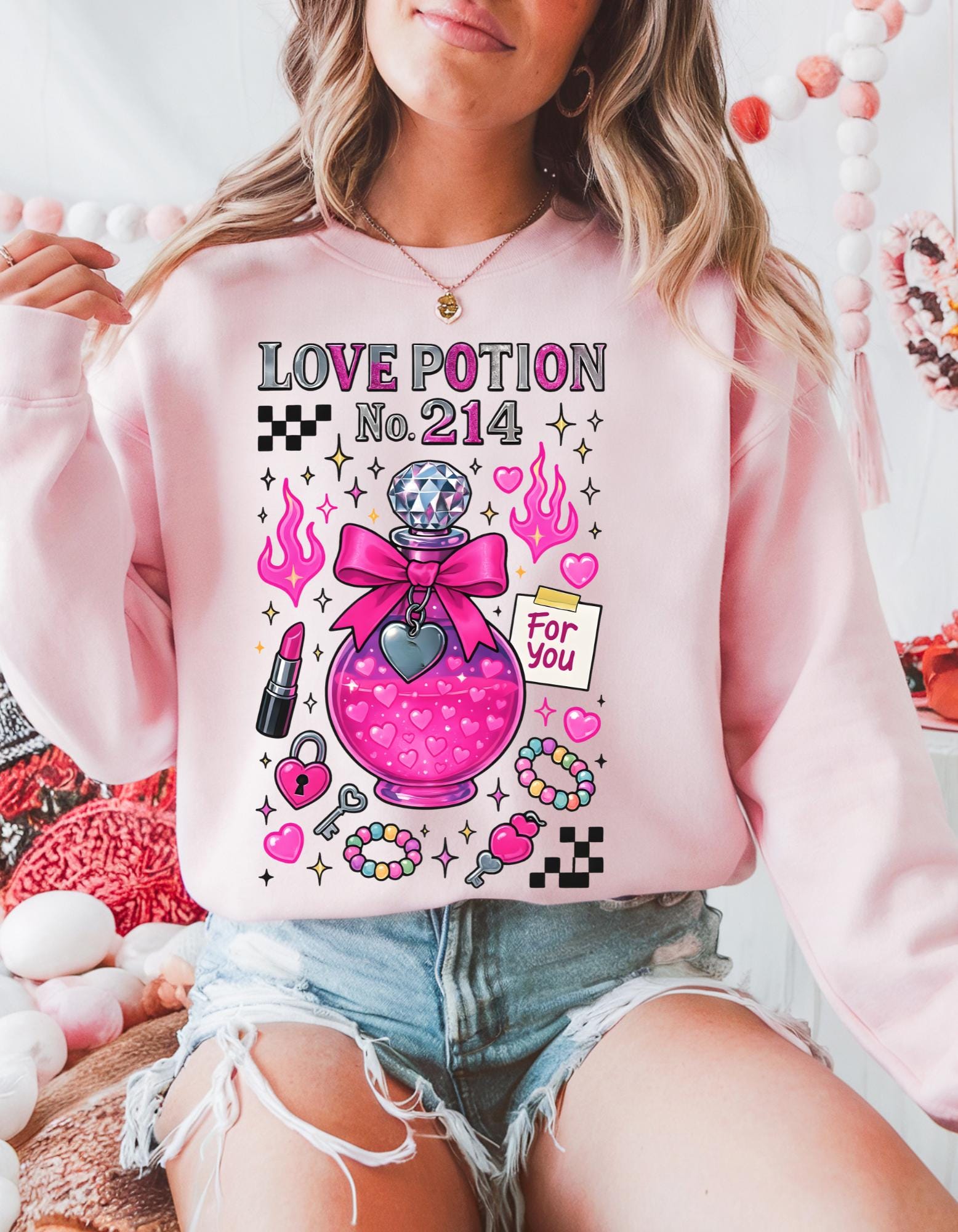 Love Potion No. 214 Sweatshirt | Pink Potion Bottle Graphic