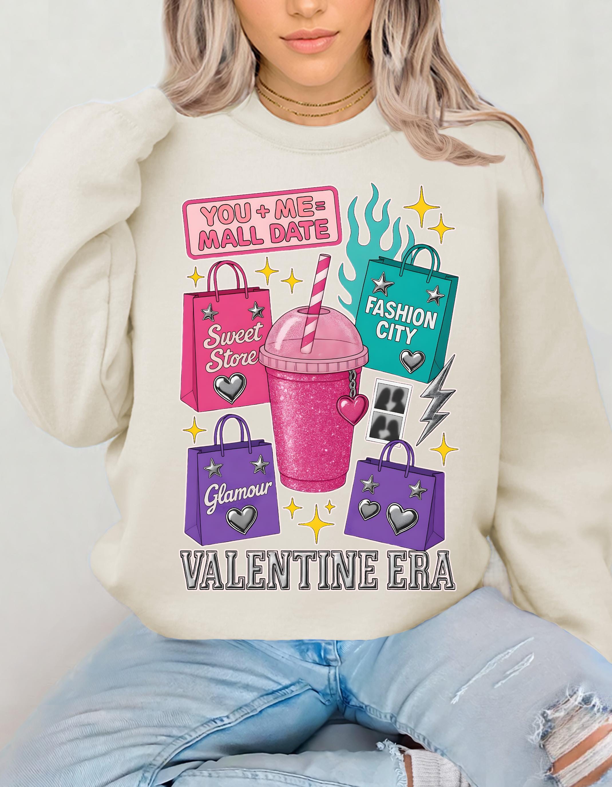 Valentine Era Graphic Sweatshirt: Retro Soda Cup, Shopping Bags