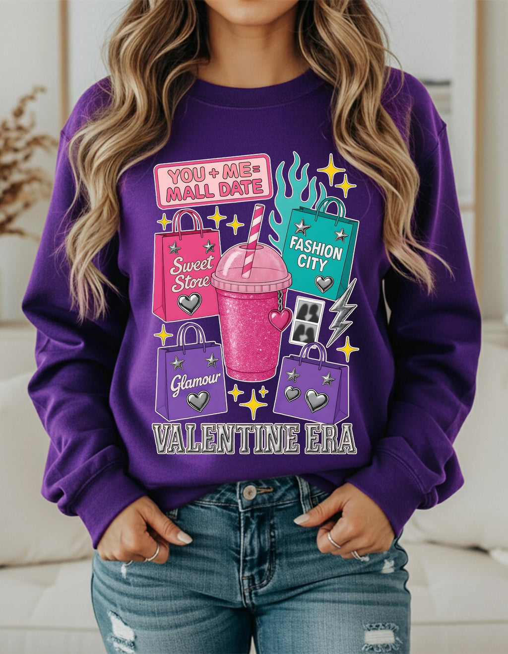 Valentine Era Graphic Sweatshirt: Retro Soda Cup, Shopping Bags