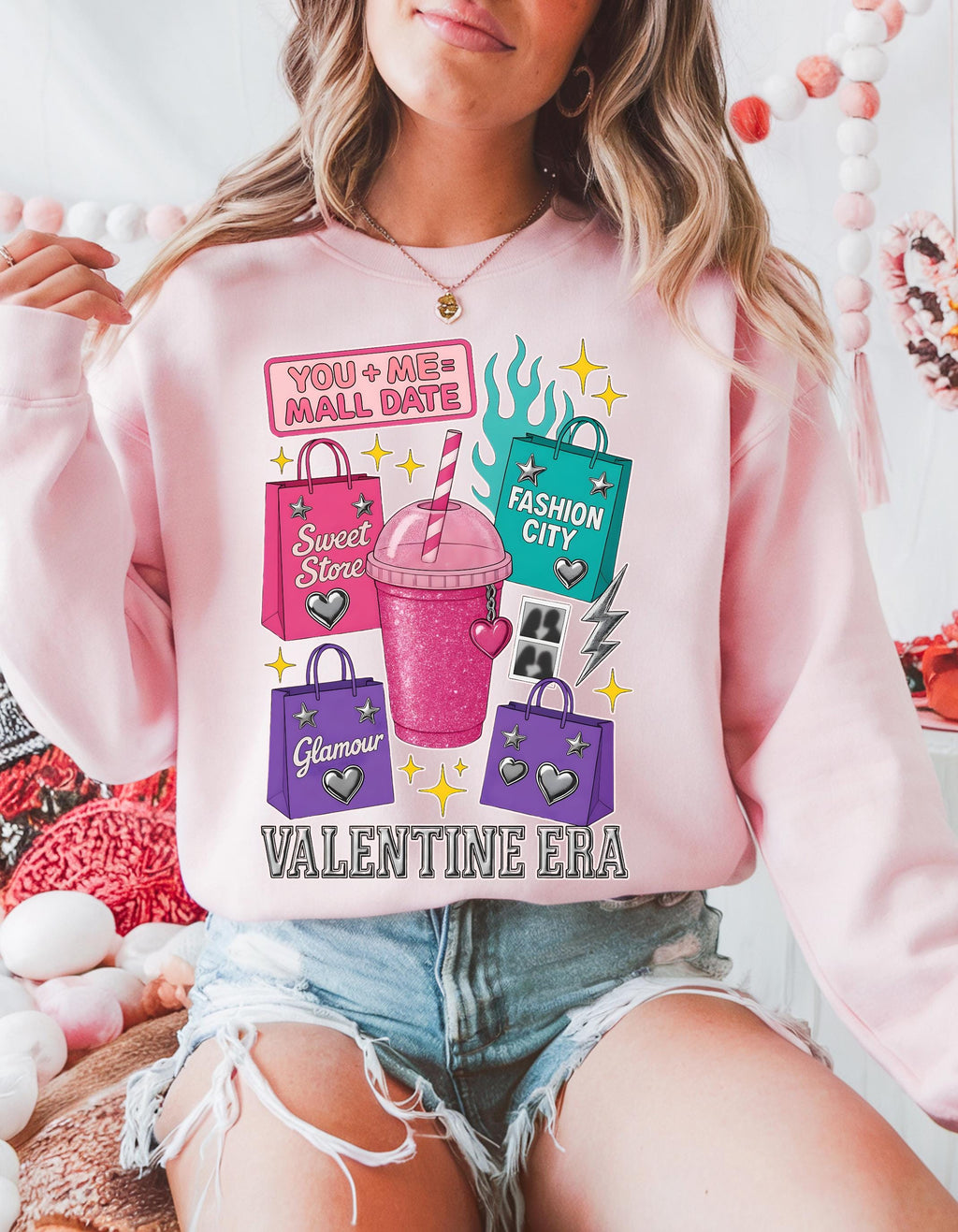 Valentine Era Graphic Sweatshirt: Retro Soda Cup, Shopping Bags