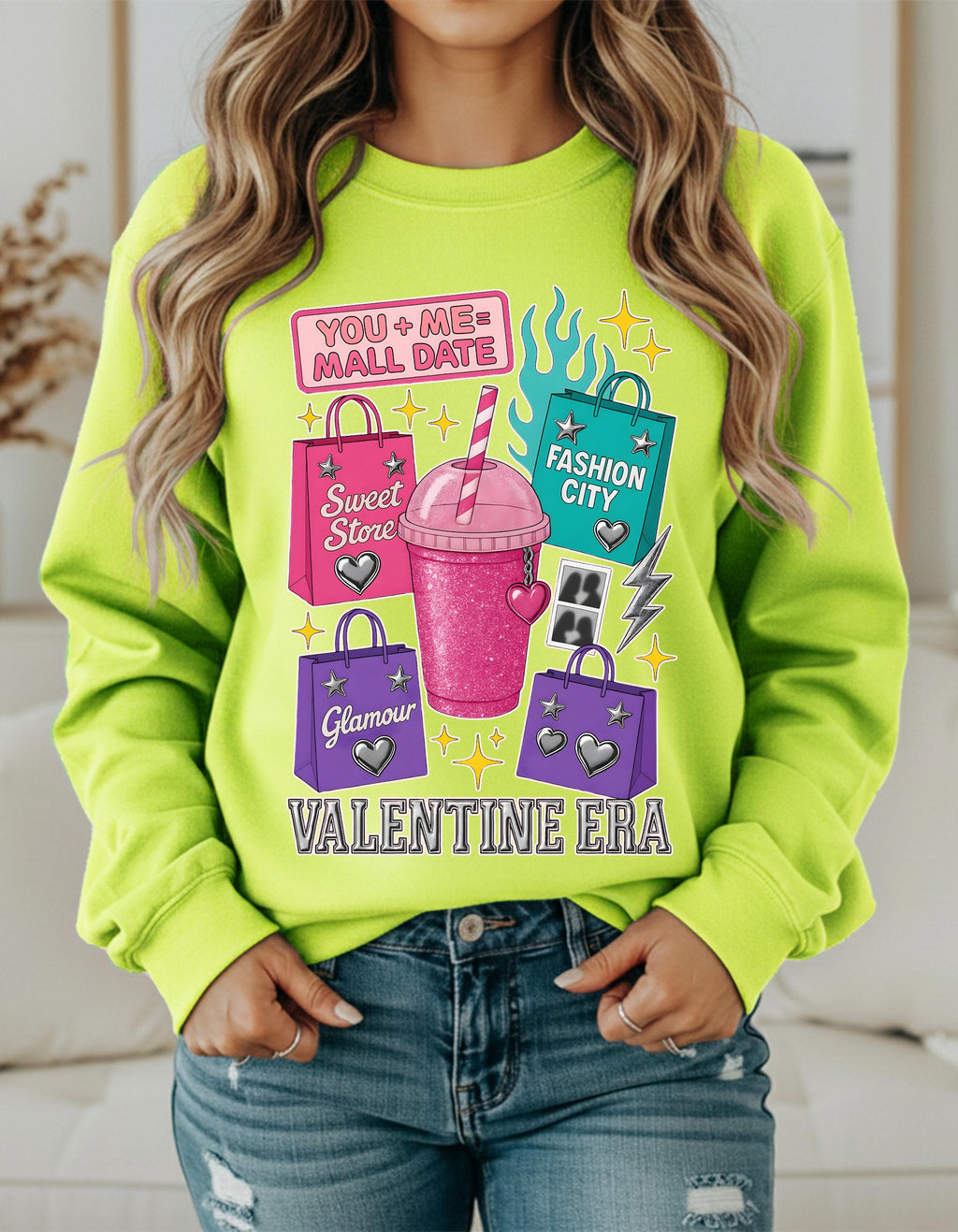 Valentine Era Graphic Sweatshirt: Retro Soda Cup, Shopping Bags