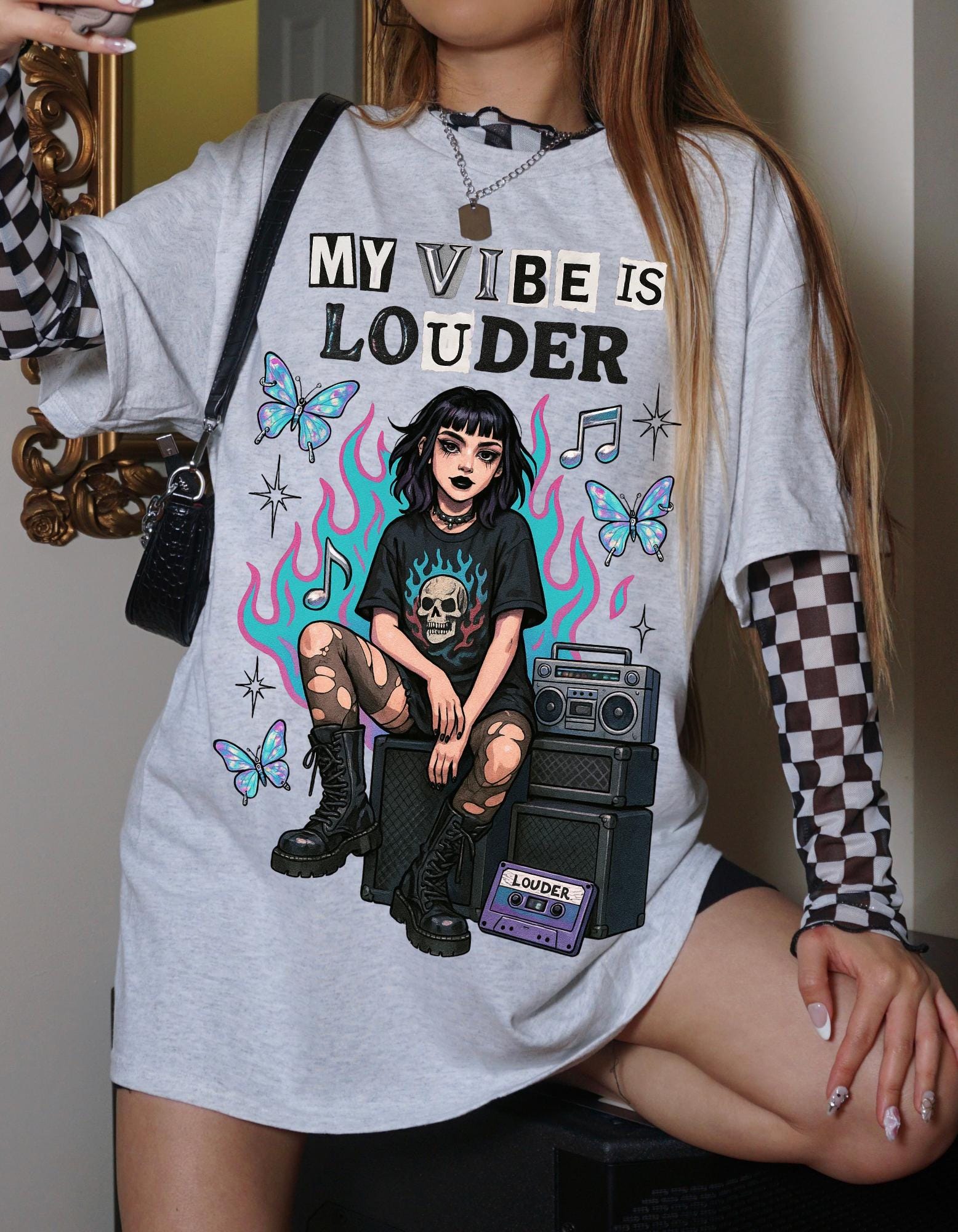 My Vibe Is Louder T-Shirt | Goth Girl, Amp & Butterflies Graphic Tee