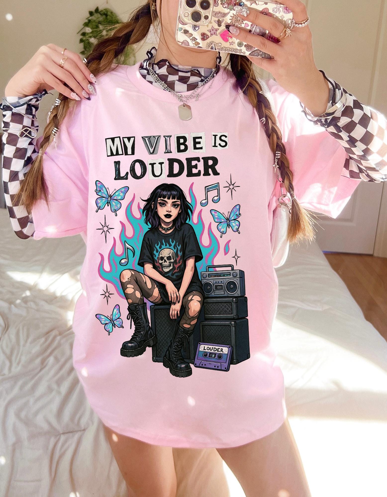 My Vibe Is Louder T-Shirt | Goth Girl, Amp & Butterflies Graphic Tee