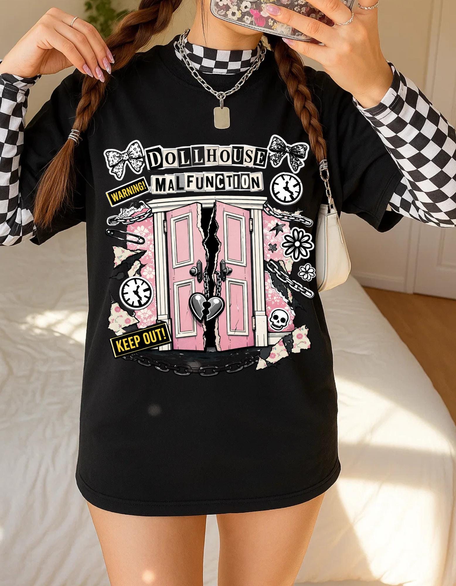 Dollhouse Malfunction T-Shirt | Pink Broken Dollhouse Illustration