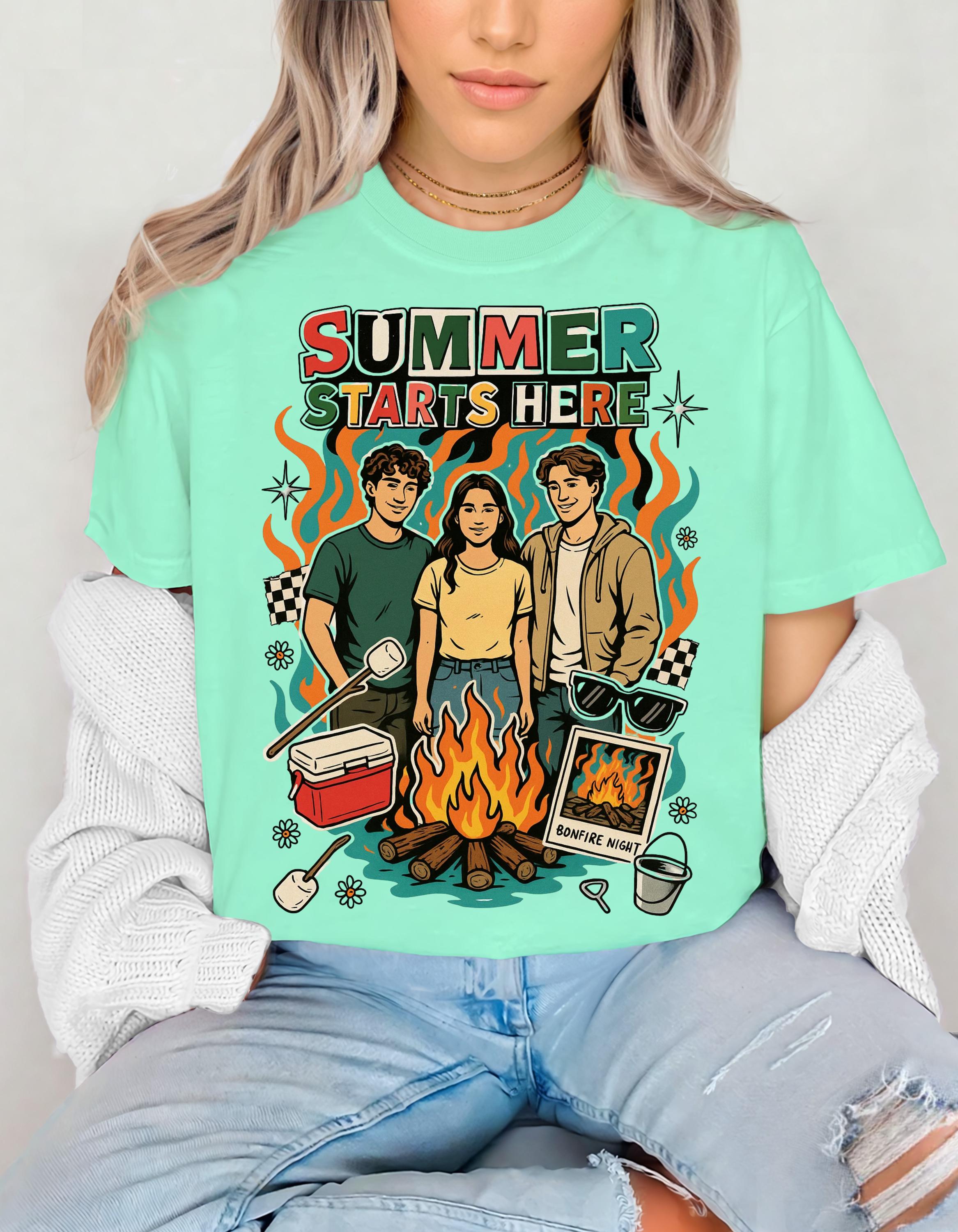 Summer Starts Here Campfire Scene T-Shirt | Retro Outdoor Road Trip Design Unisex Tee