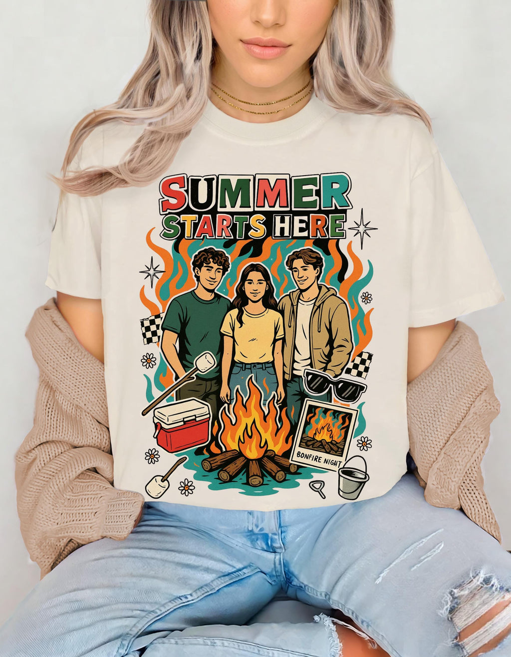 Summer Starts Here Campfire Scene T-Shirt | Retro Outdoor Road Trip Design Unisex Tee