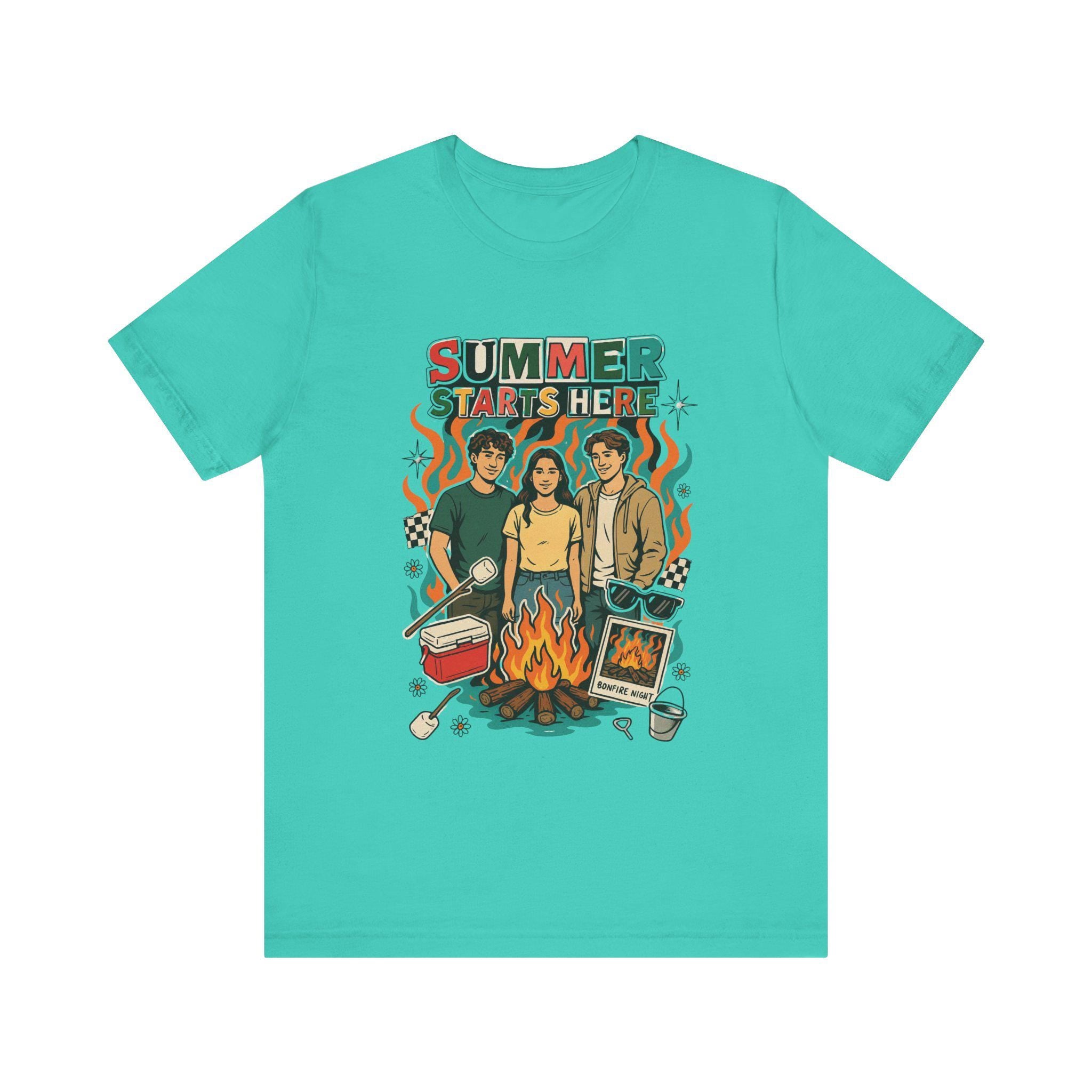 Summer Starts Here Campfire Scene T-Shirt | Retro Outdoor Road Trip Design Unisex Tee