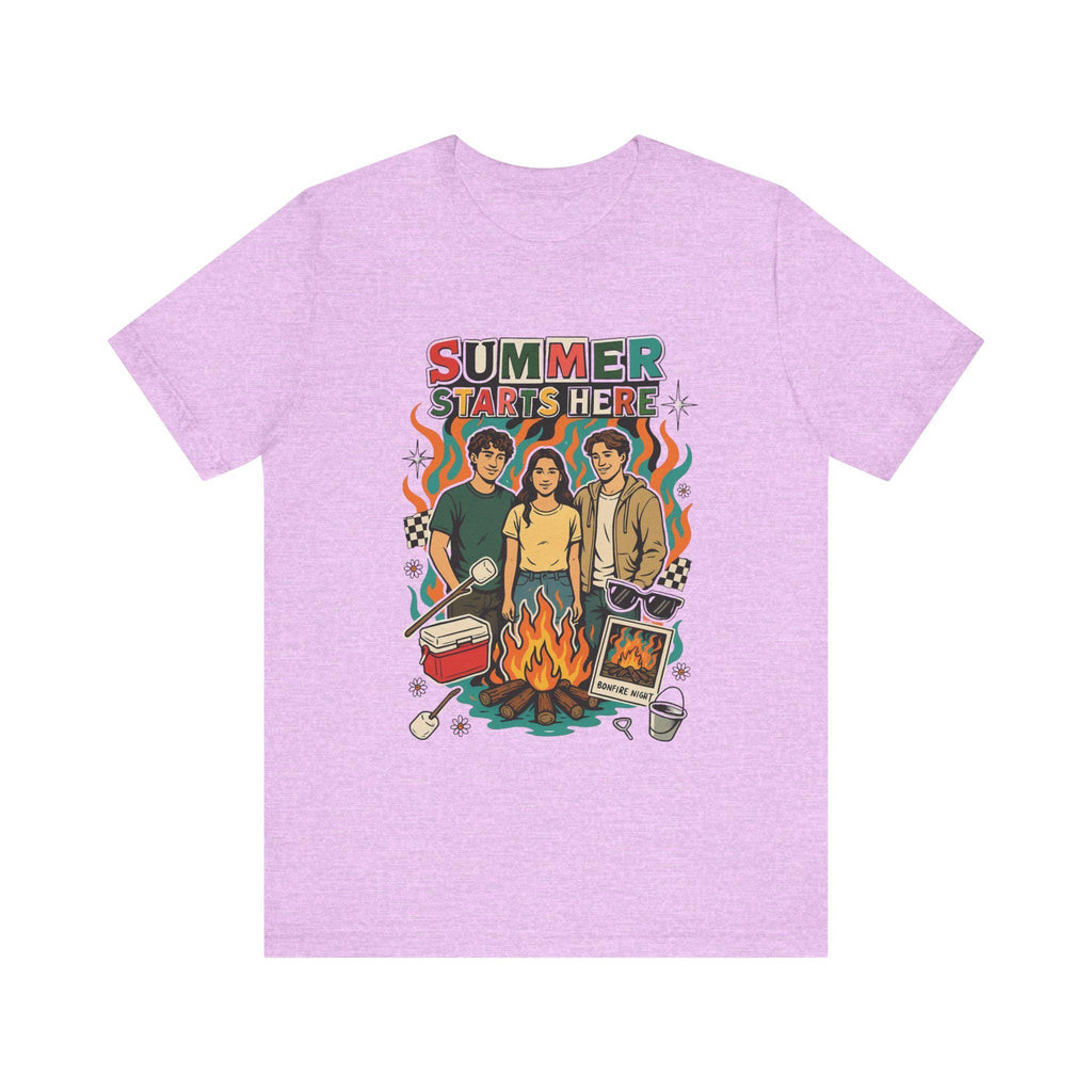 Summer Starts Here Campfire Scene T-Shirt | Retro Outdoor Road Trip Design Unisex Tee