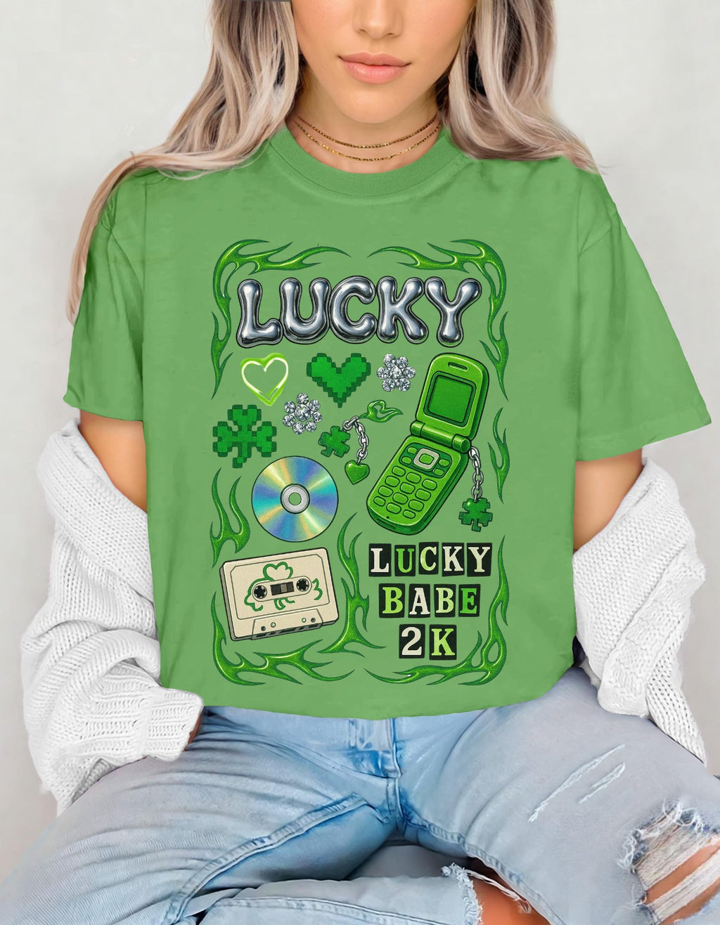 Lucky Collage T-Shirt | Y2K Cassette, Phone, Clover