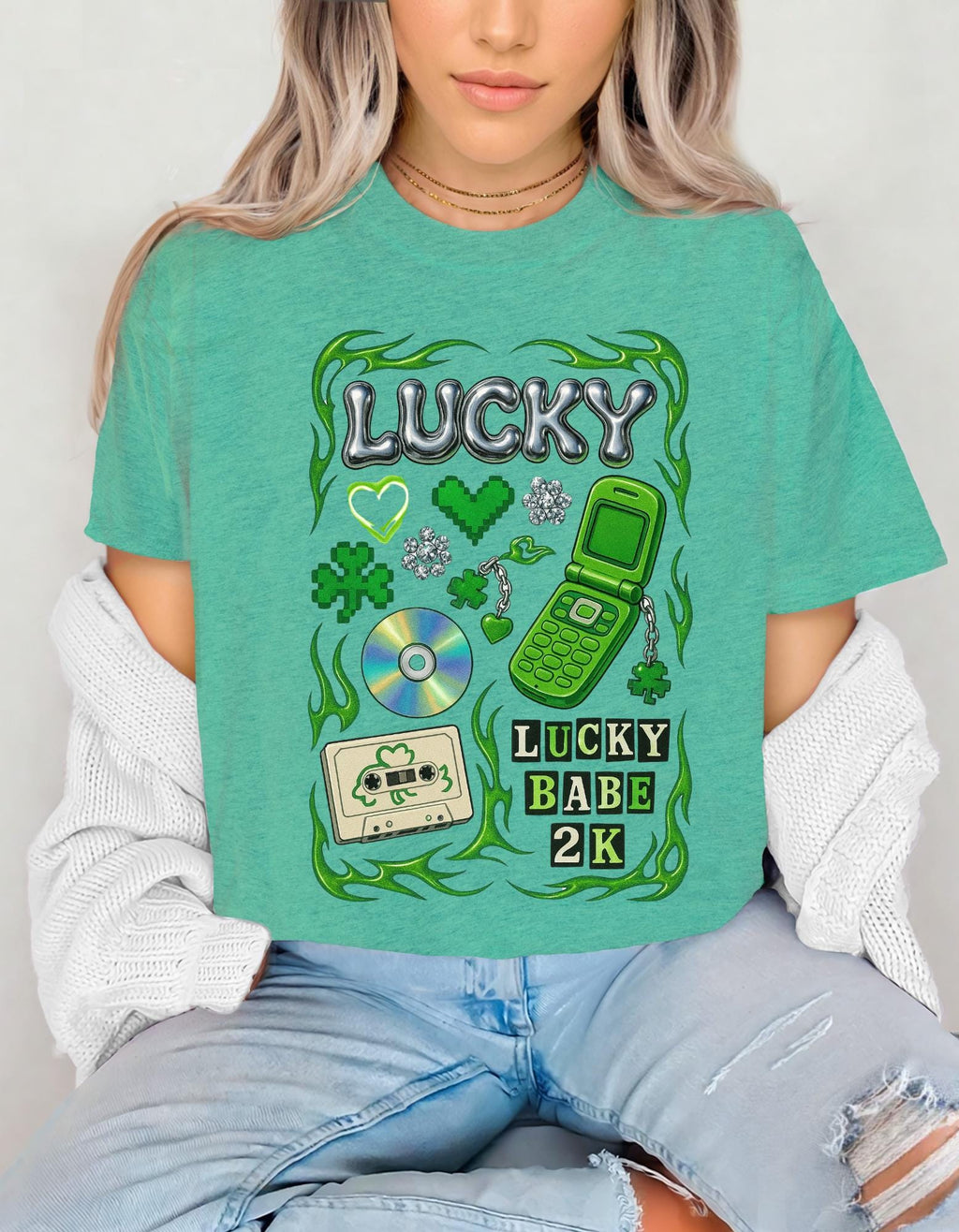 Lucky Collage T-Shirt | Y2K Cassette, Phone, Clover