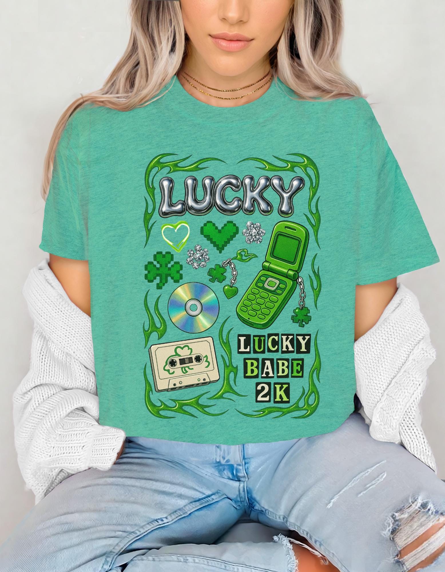Lucky Collage T-Shirt | Y2K Cassette, Phone, Clover