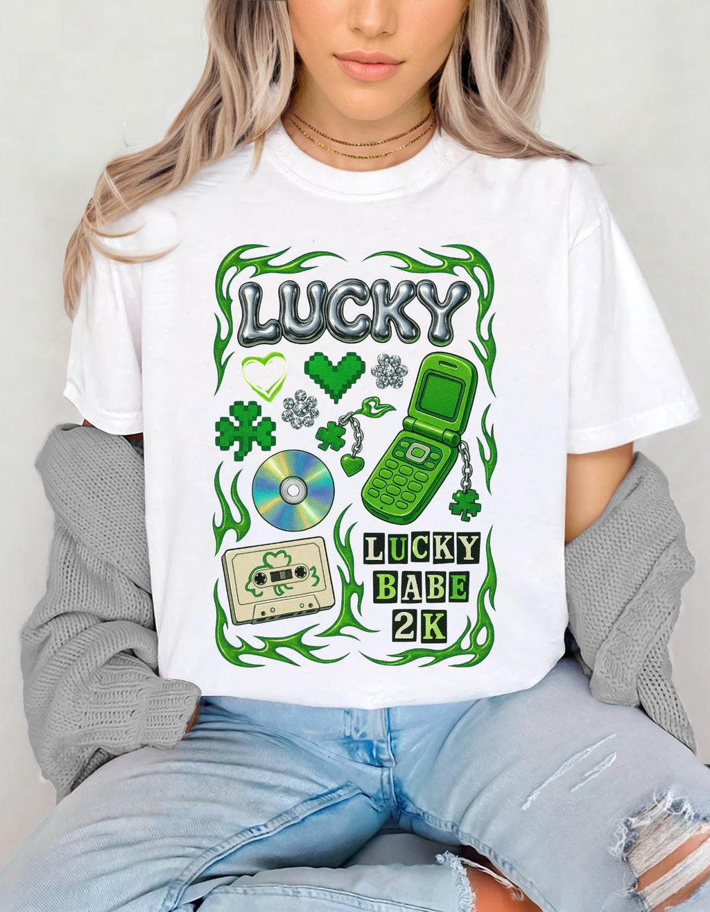 Lucky Collage T-Shirt | Y2K Cassette, Phone, Clover