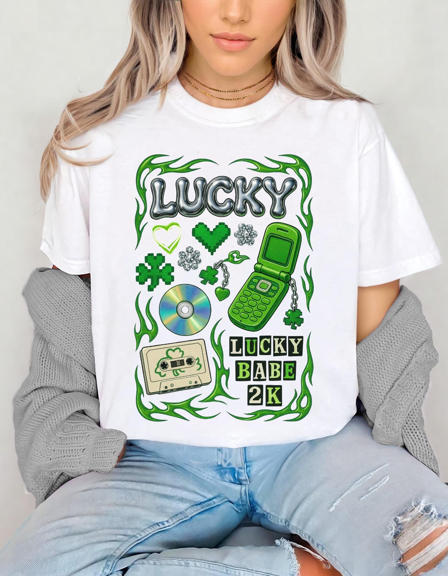 Lucky Collage T-Shirt | Y2K Cassette, Phone, Clover