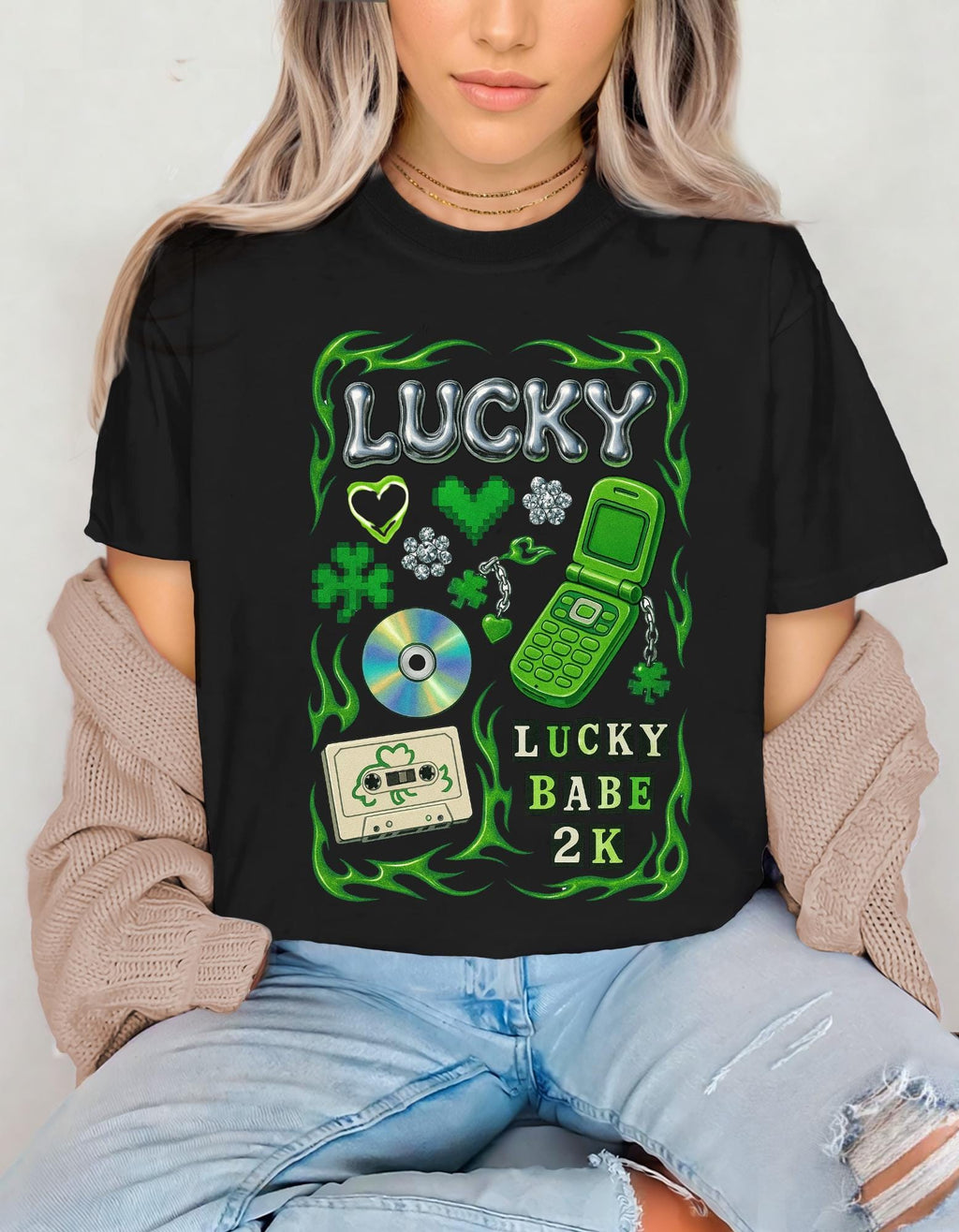 Lucky Collage T-Shirt | Y2K Cassette, Phone, Clover